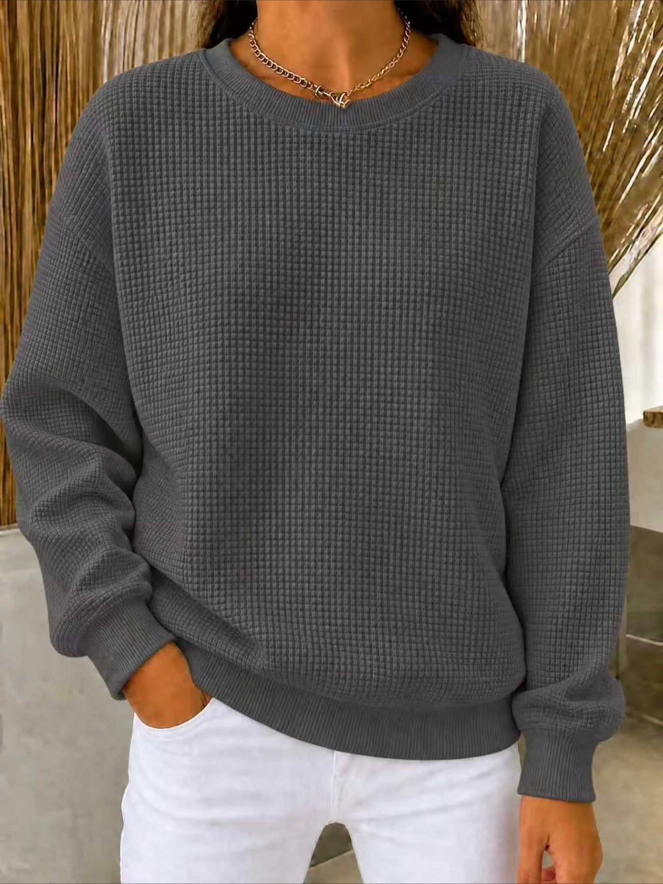 Solid Color Long Sleeve Crew Neck Loose T-shirt