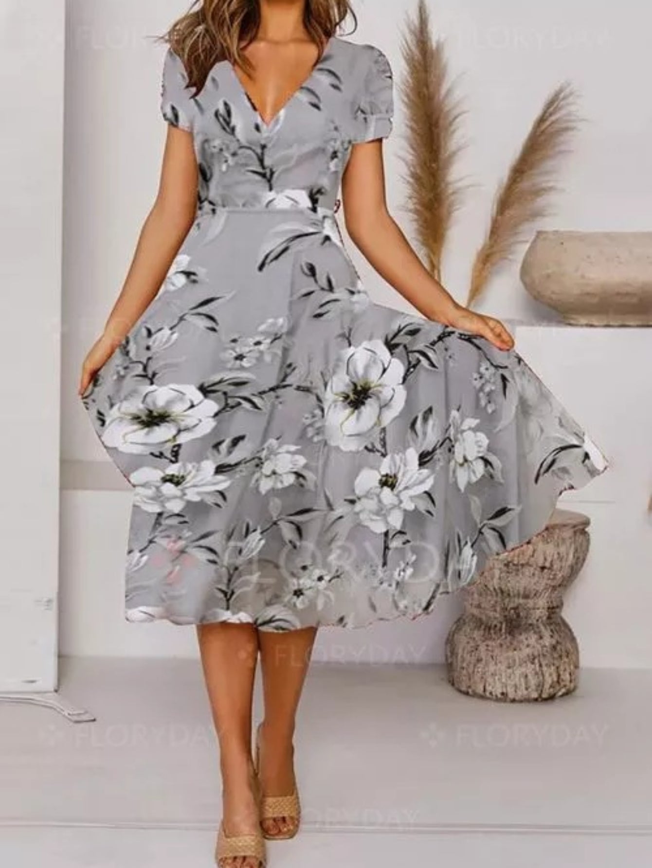 Floral Print Pleated Dress, Vintage Elegant V Neck Short Sleeve Dress