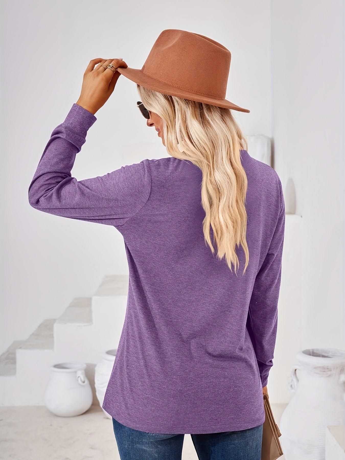 Solid Long Sleeve Button Decor Notched Neck Slight Stretch Tee