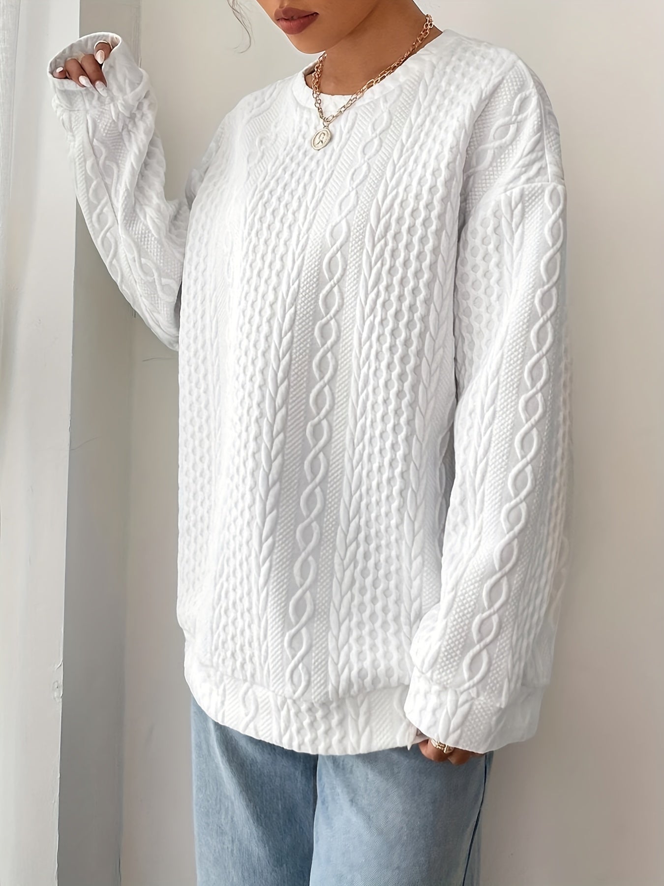 Women's Cable Crew Neck Sweatshirt - Comfortable and Stylish Casual Top