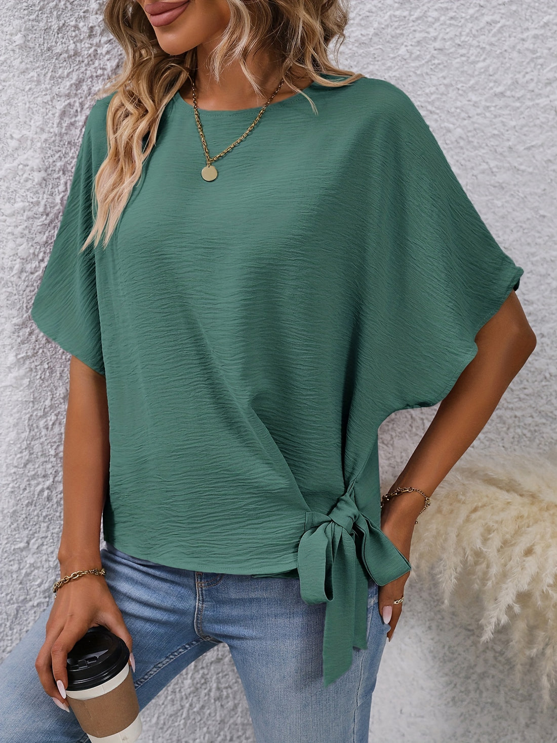 Stylish Solid Knotted Blouse - Comfortable Casual Crew Neck Asymmetrical Top