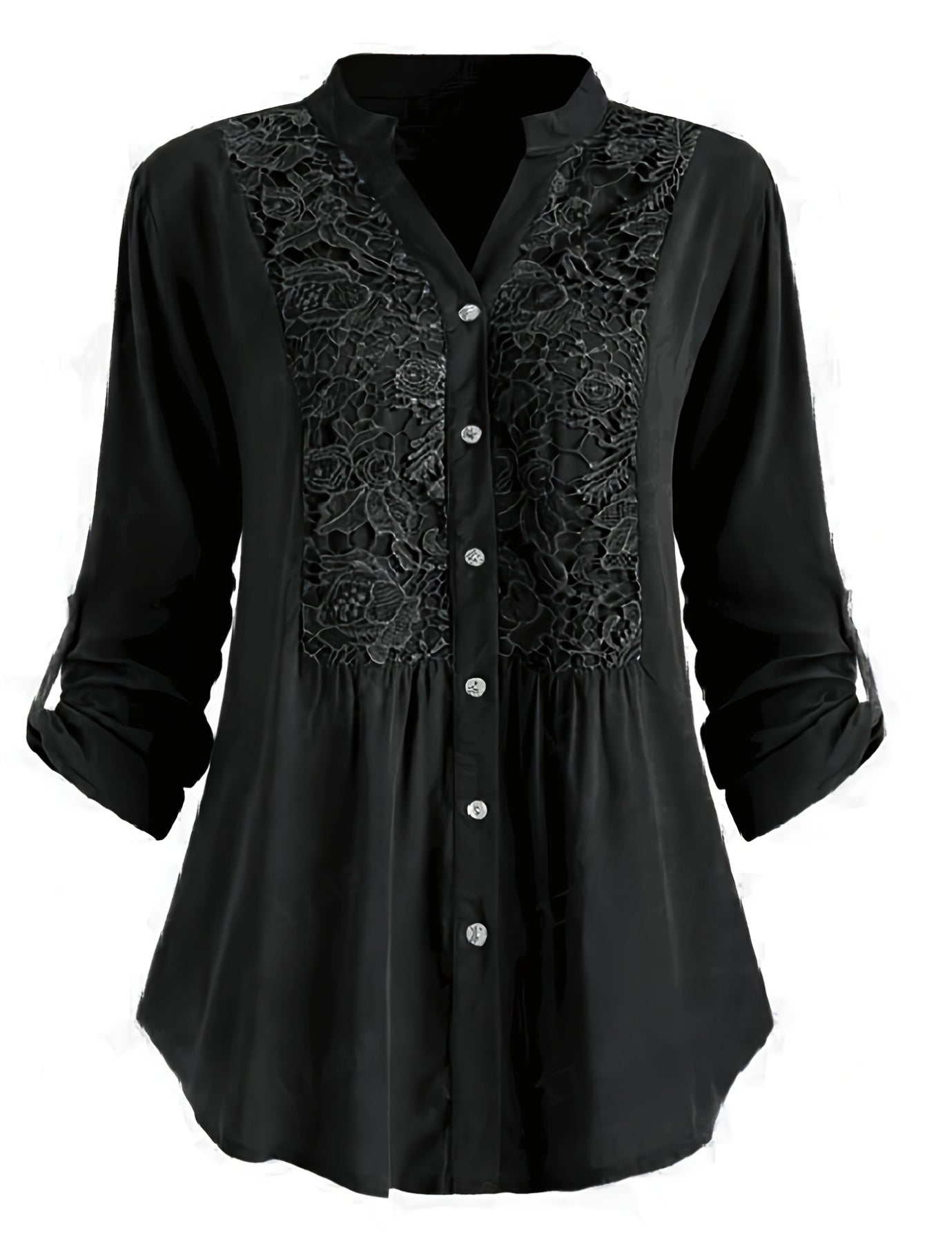 Vintage Lace Splicing Button Front Blouse - Half Sleeve Notched Neck Top