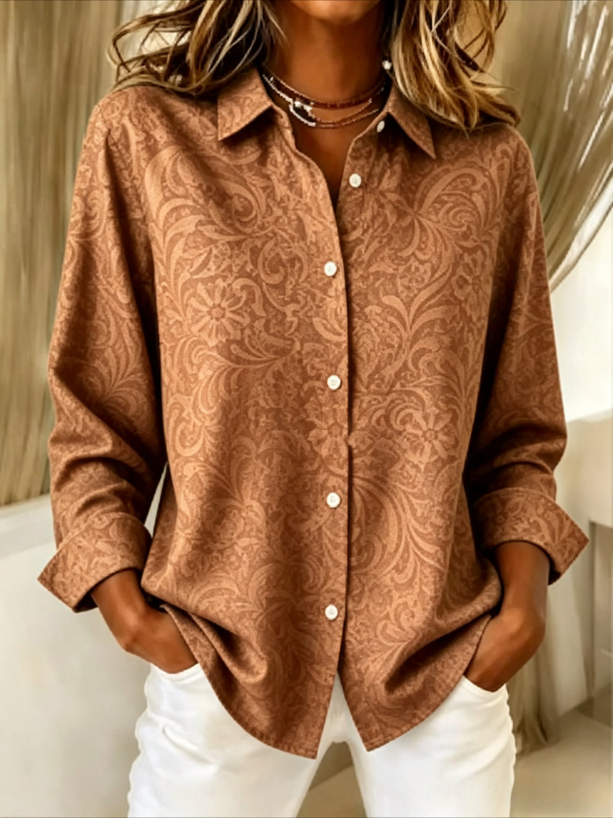 V Neck Long Sleeve Plain Regular Micro-Elasticity Regular Fit Shirt