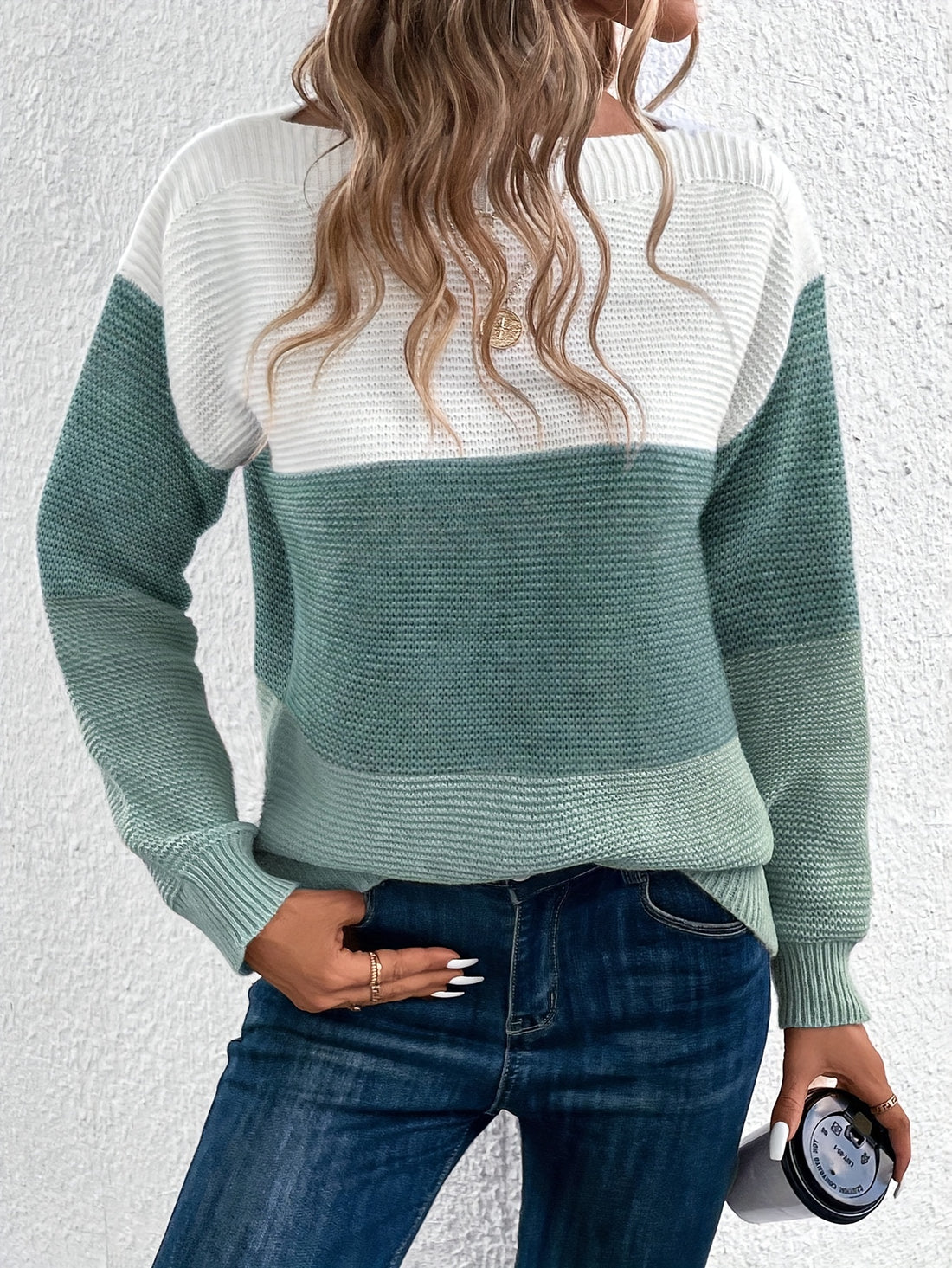 Long Sleeve Pullover Color Block Boat Neck Sweater