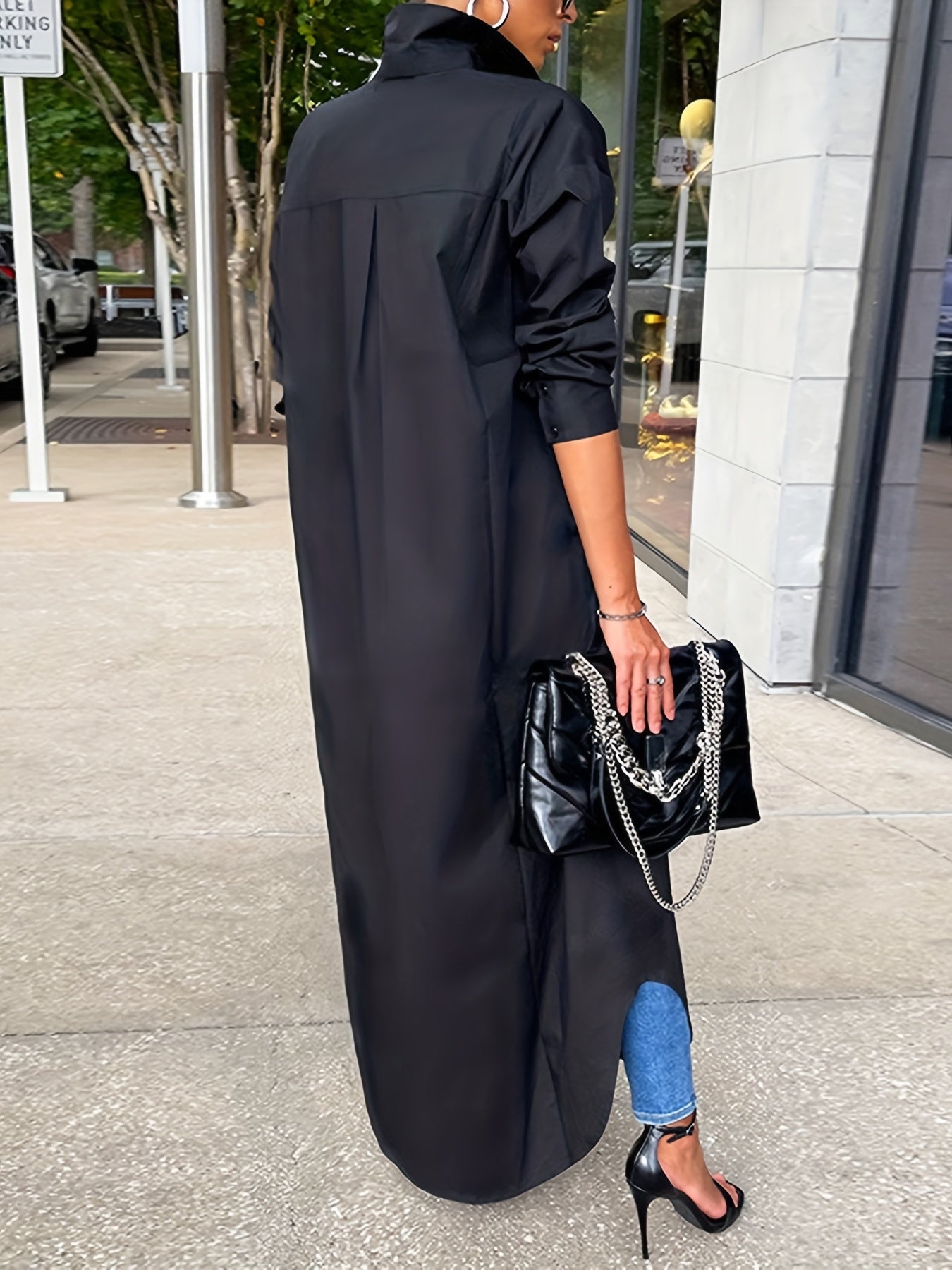 Longline Button Front Shirt, Casual Long Sleeve Shirt