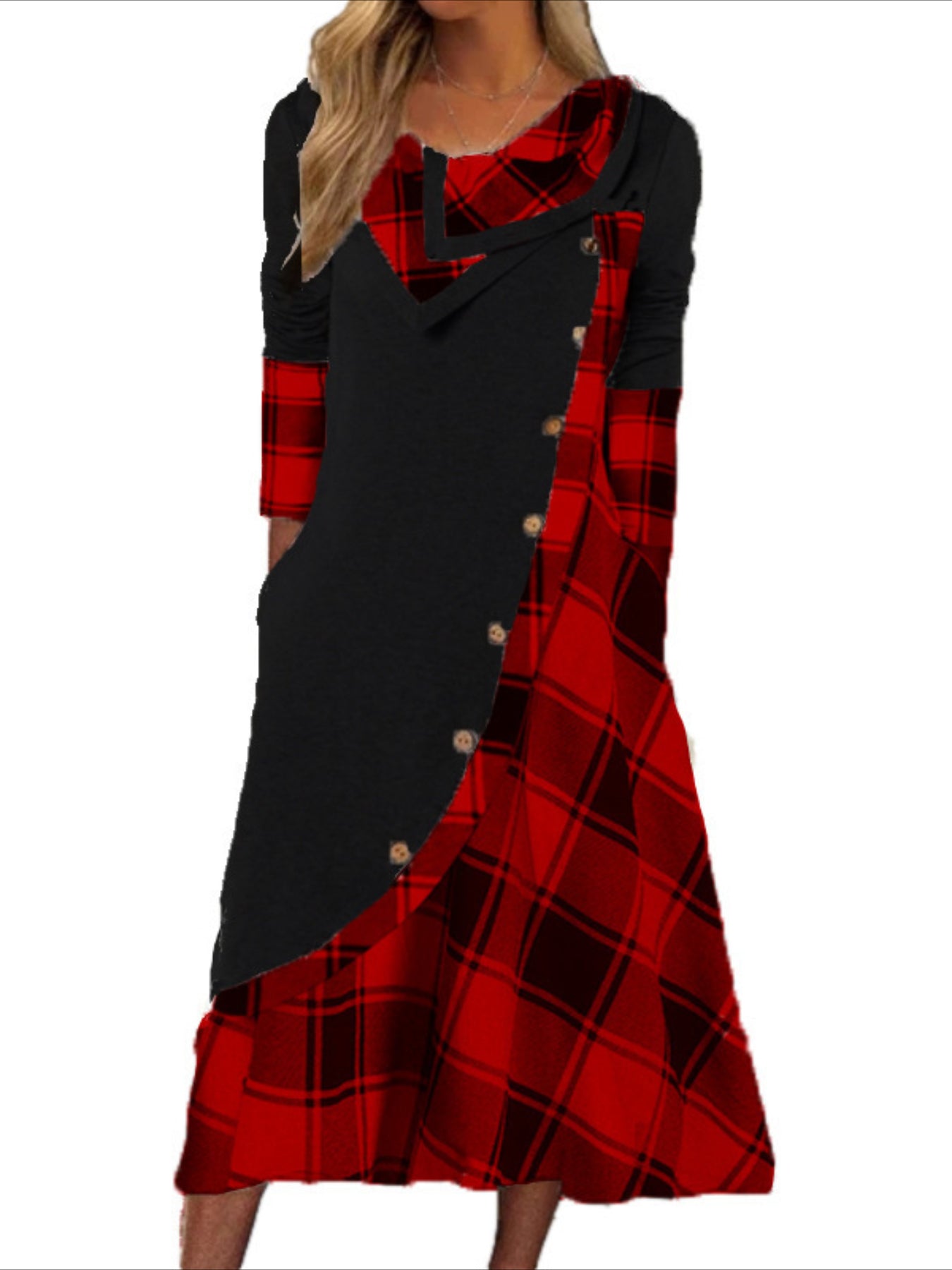 Plaid Print Splicing Dress, Casual Pile Collar Long Sleeve Dress