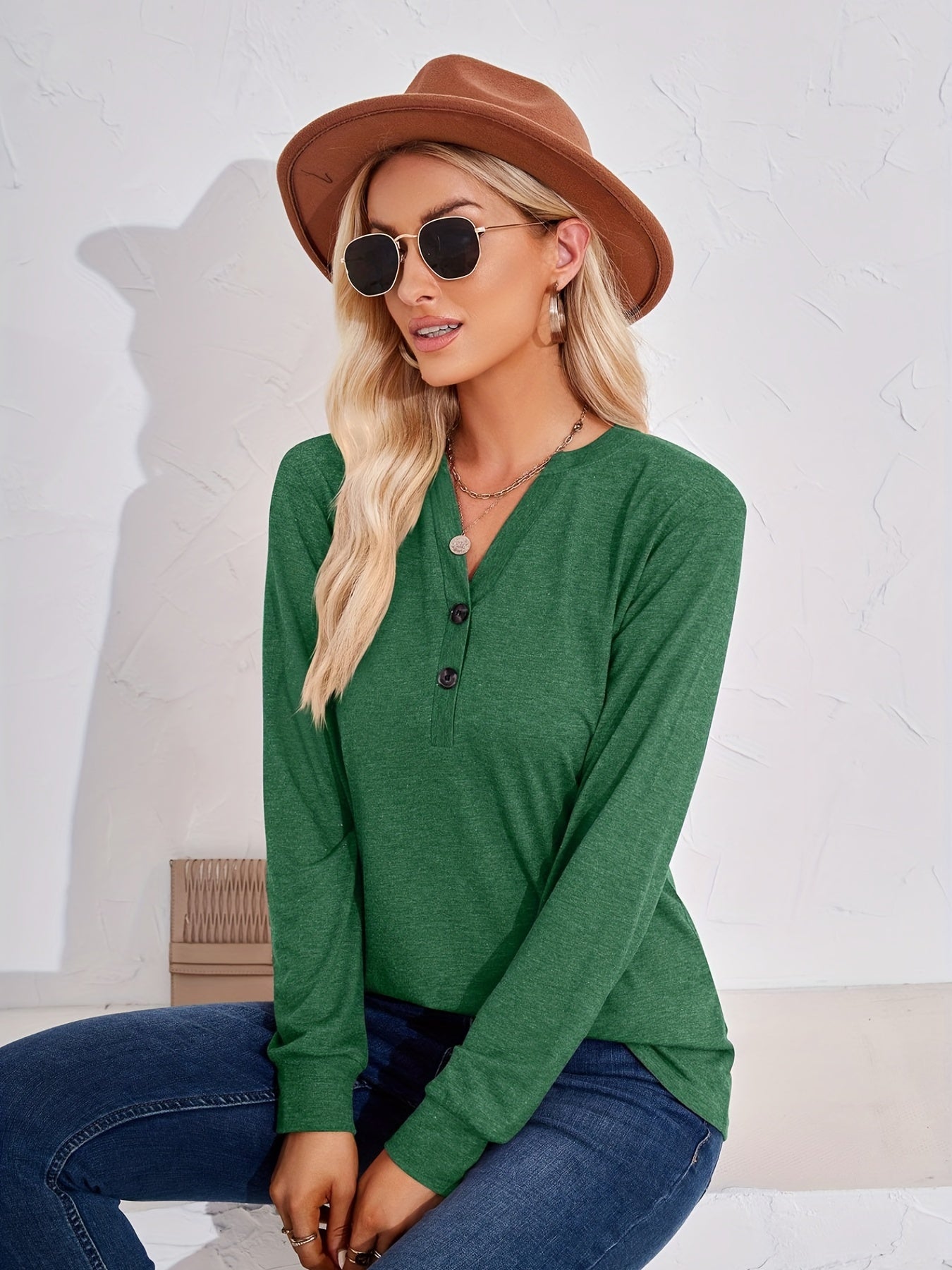 Solid Long Sleeve Button Decor Notched Neck Slight Stretch Tee