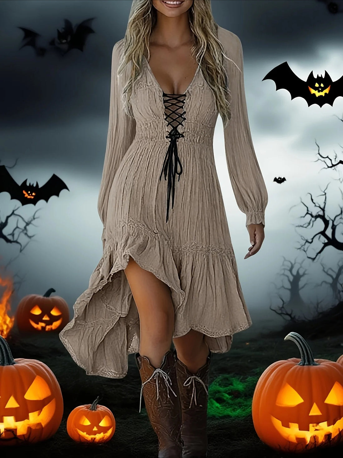 Solid Color Elegant Long Sleeve V-Neck Midi Dress