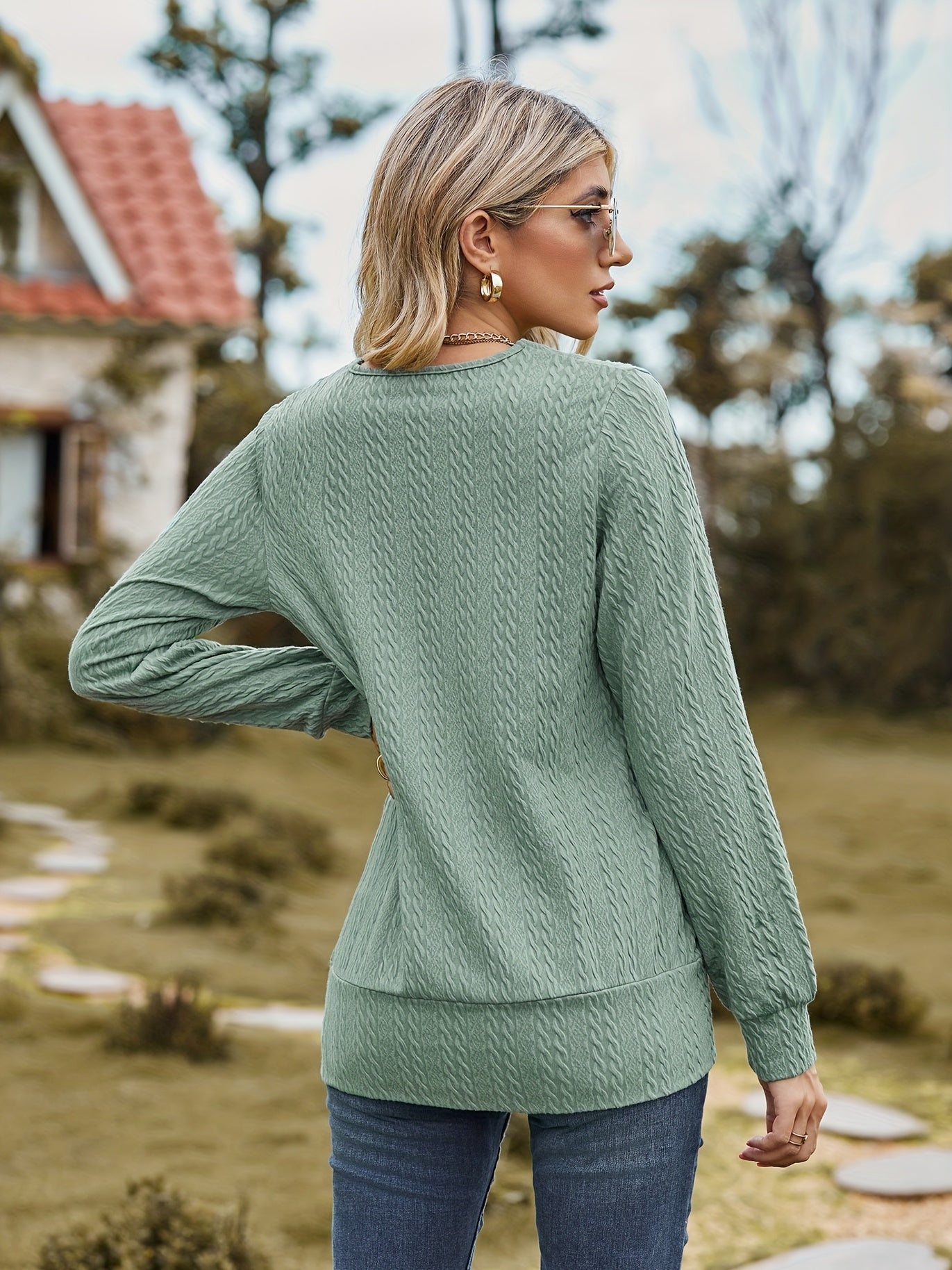 Women's Solid Cable Faux Twinset Long Sleeve Square Neck Slight Stretch T-shirt