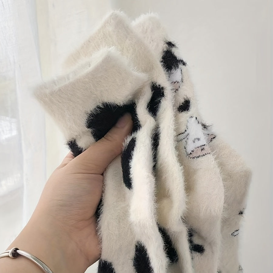 Cute Cow Spots Print Socks, Thickened & Warm Coral Fleece Socks