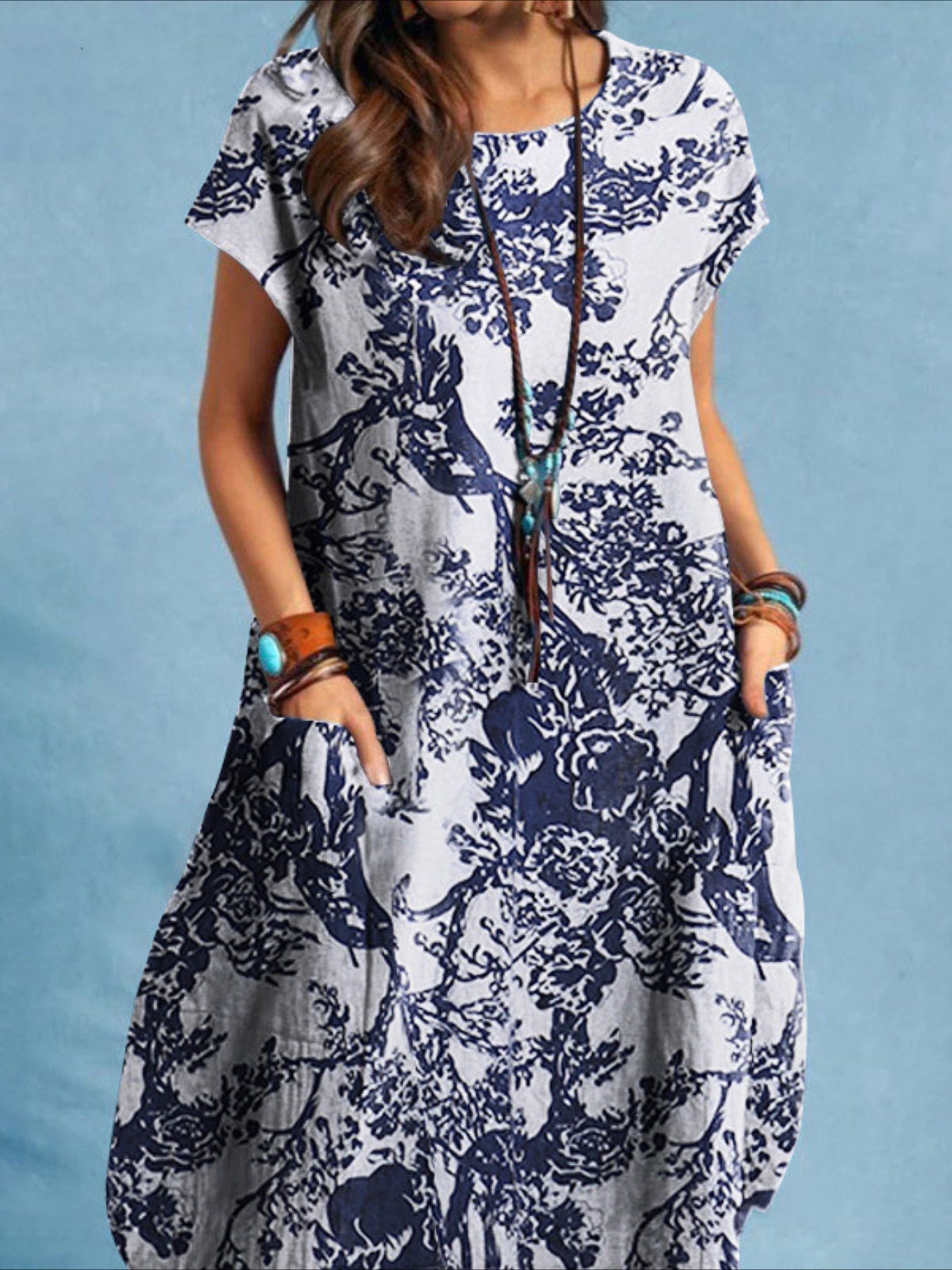 Floral Print Tank Dress, Vintage Crew Neck Sleeveless Dress
