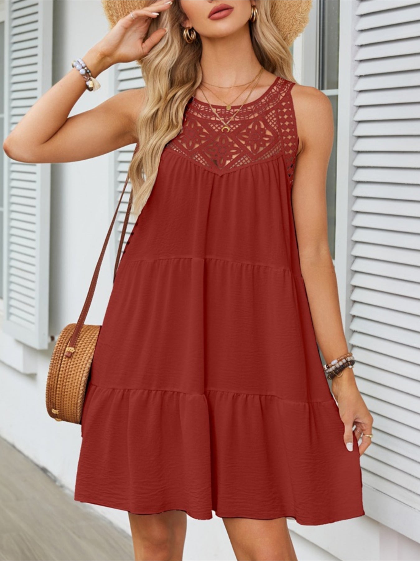 Women's Fashion Sexy Sleeveless Round Neck Hollow Solid Color Style Short dress