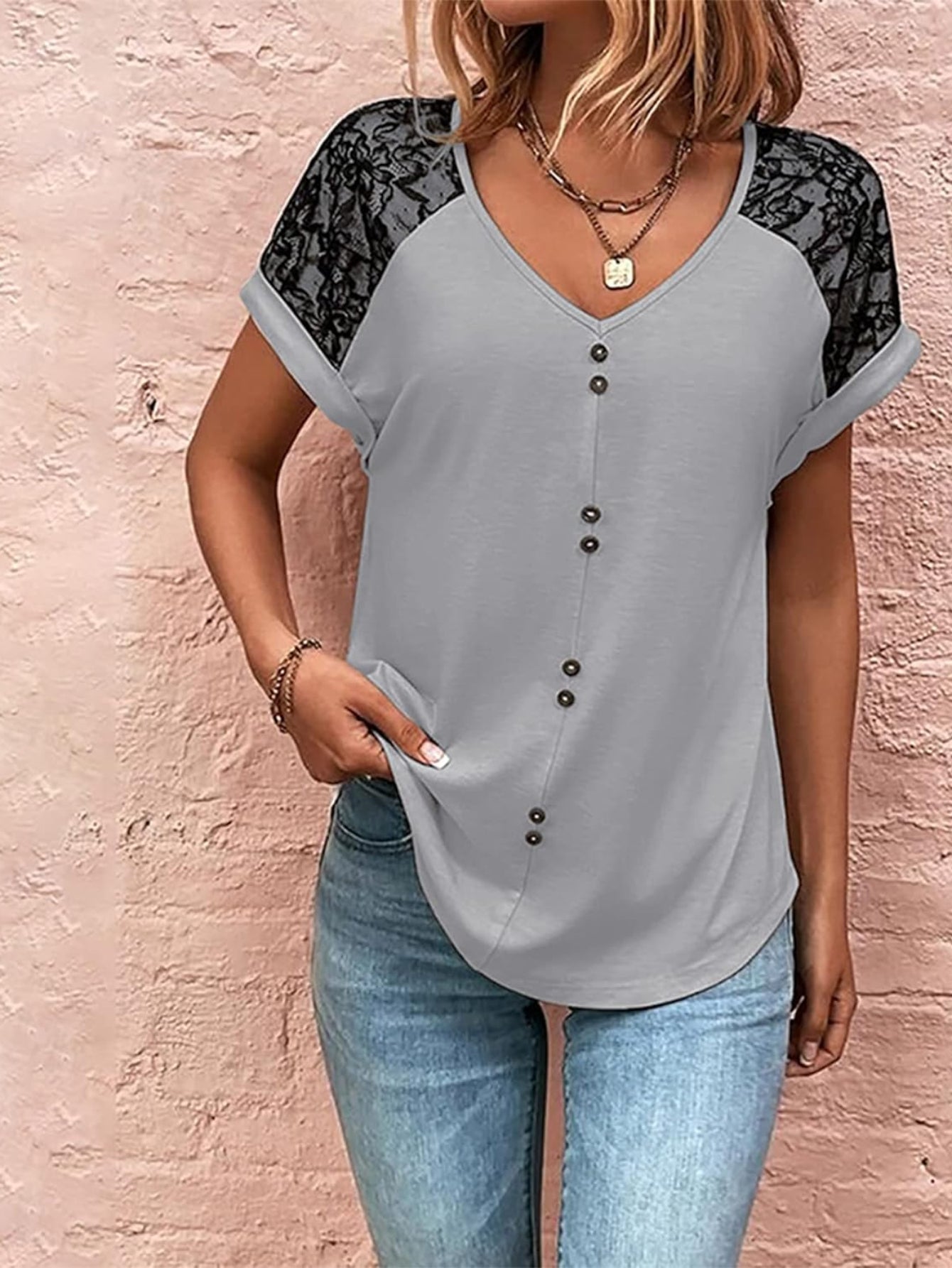 V Neck Lace Sleeve Button Design Loose Fit Soft Simple T-Shirt