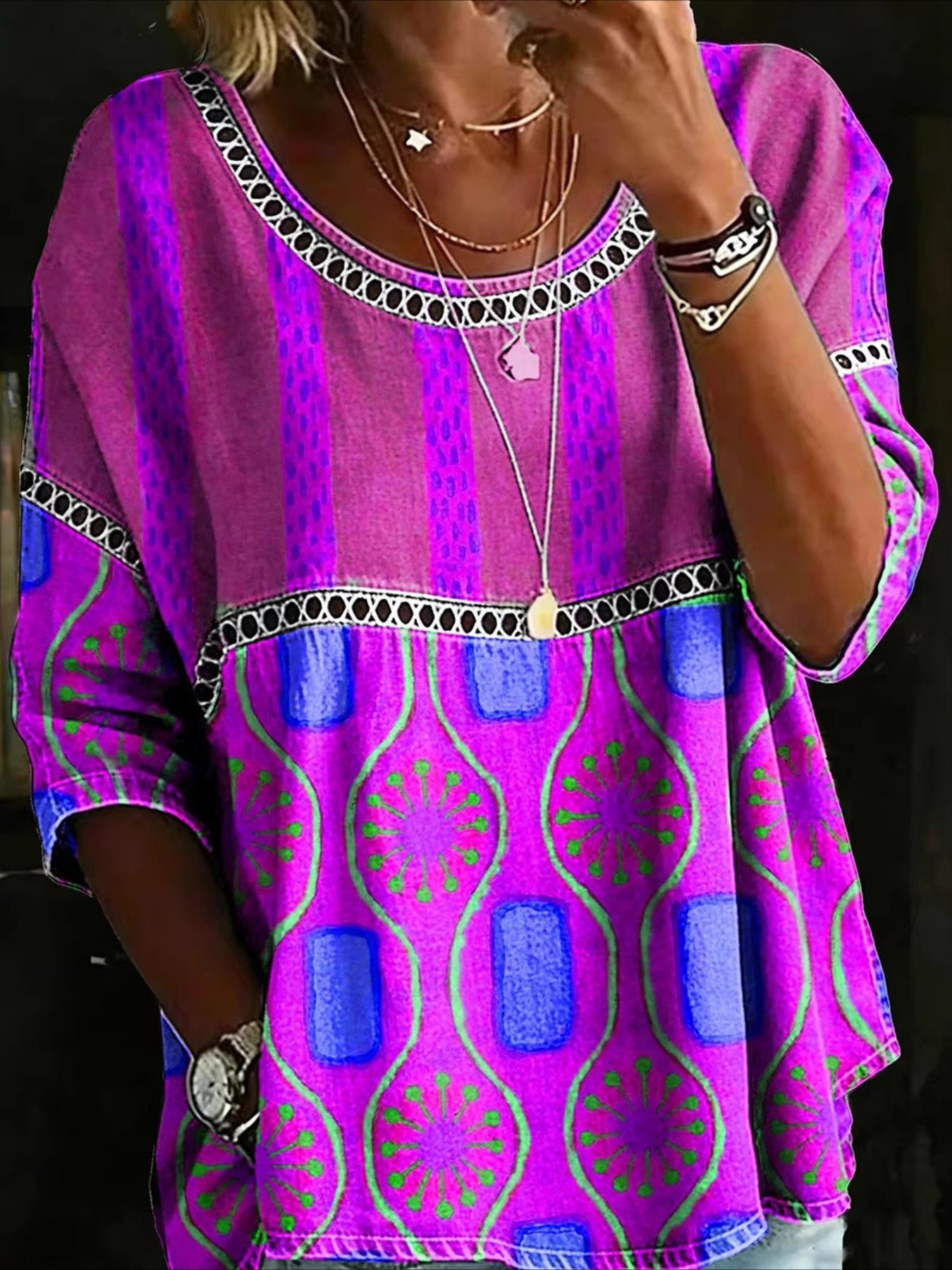 Printed Mid Sleeve Pleated Round Neck Top