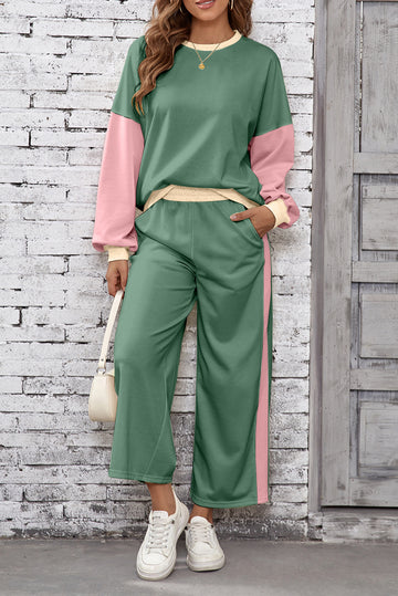 Mist Green 2pcs Color Block Pullover Loose Pant Set