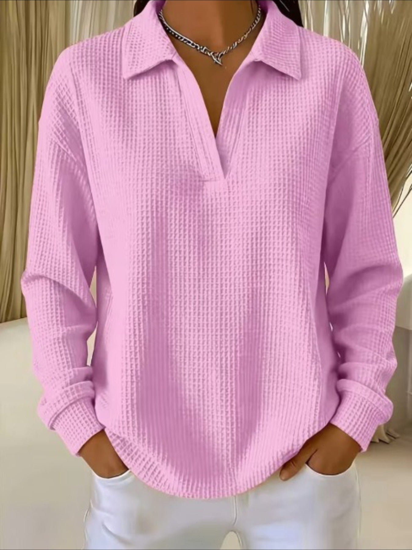 Waffle Lapel Neck Long Sleeve Polo Top