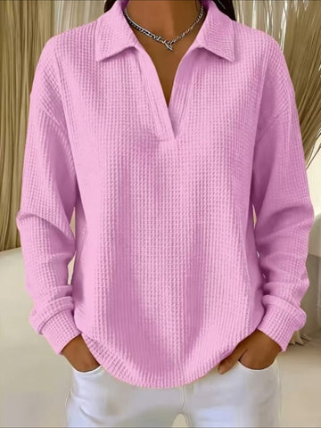 Waffle Lapel Neck Long Sleeve Polo Top