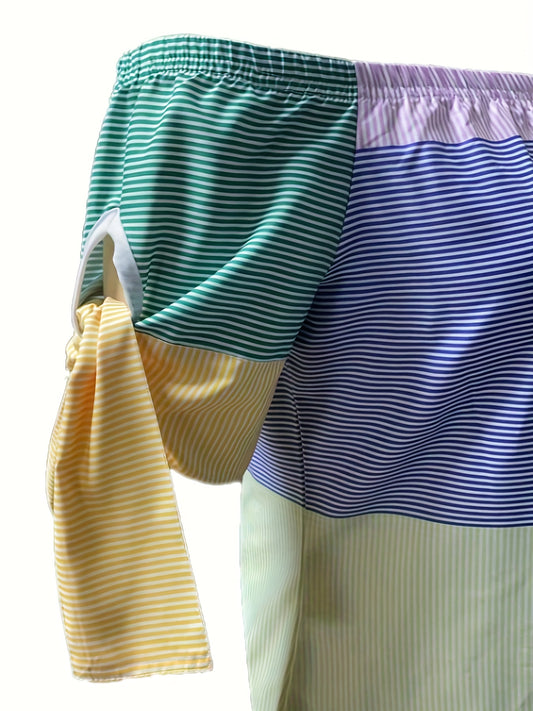 Color Block Striped Print Off-shoulder Dress, Casual Knot Sleeve Dress