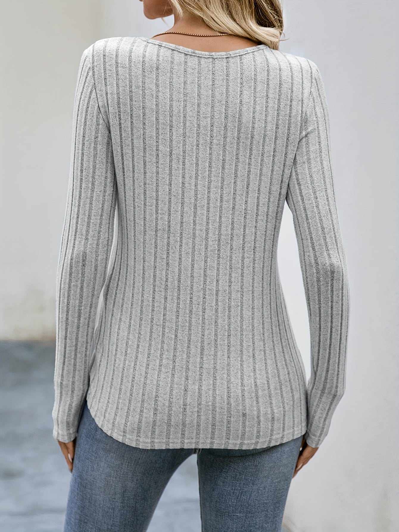 Ribbed Button Decor Crew Neck T-Shirt, Casual Long Sleeve Top