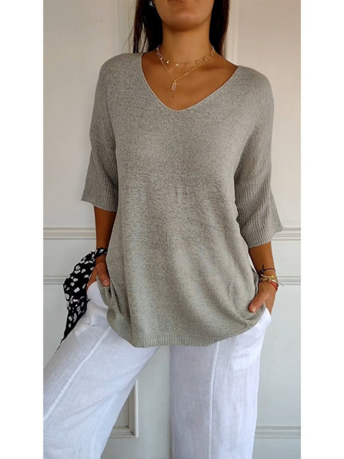 Cozy V Neck Pullover Three-Quarter Sleeve Knitted Sweater