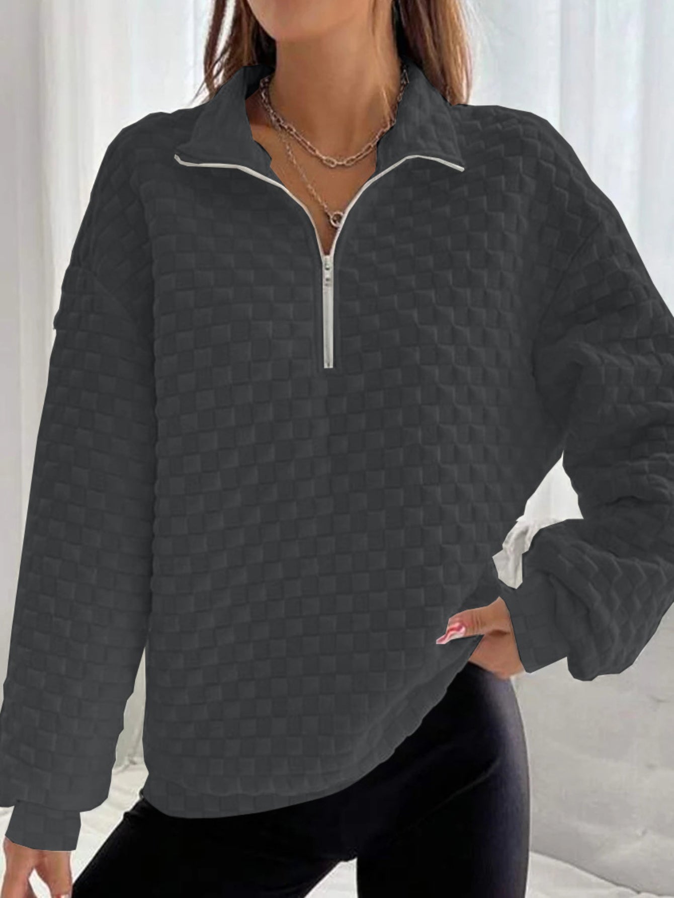 Solid Textured Zipper Sweatshirt, Casual Long Sleeve Drop Shoulder Sweatshirt