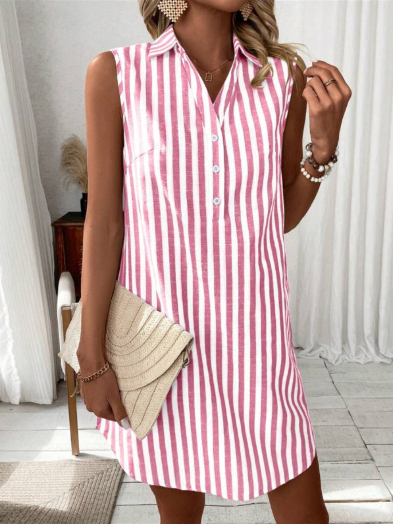 Striped Print Button Front Casual Sleeveless Loose Fit Dress
