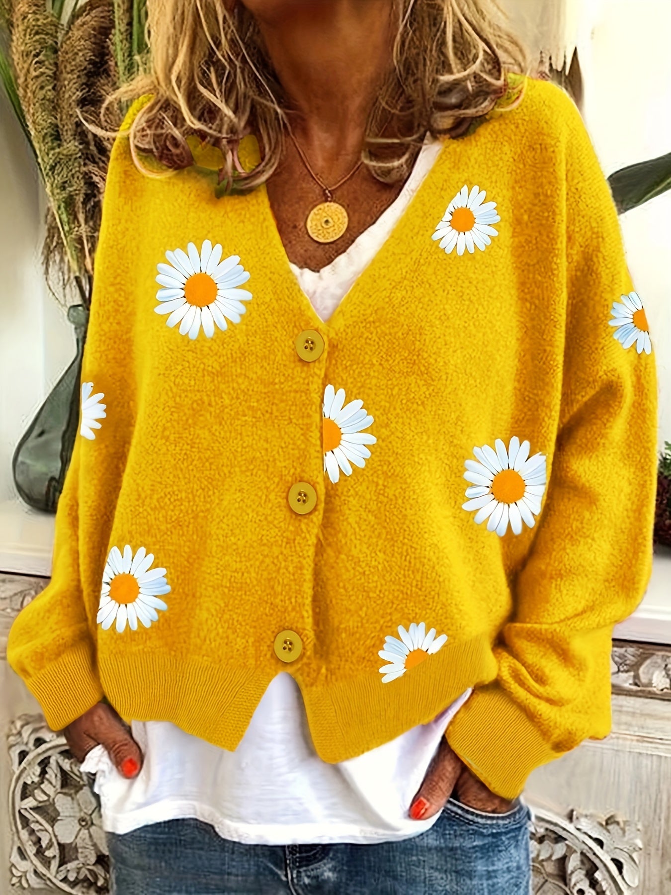 Daisy Pattern Embroidered Knitted Cardigan, Button Front Elegant Long Sleeve Sweater