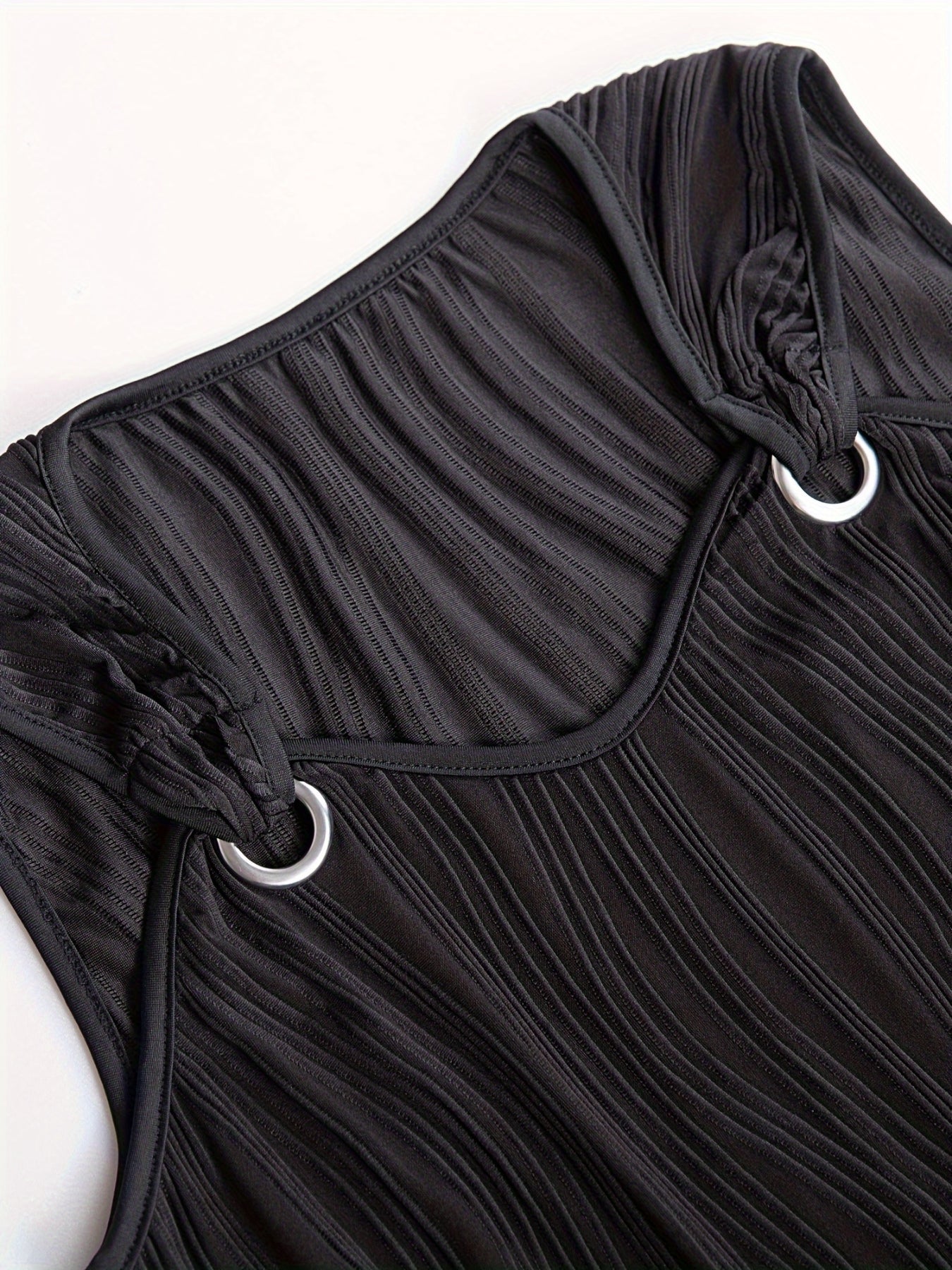 Wavy Stripe Solid Dress, Casual V Neck Sleeveless Mini Dress