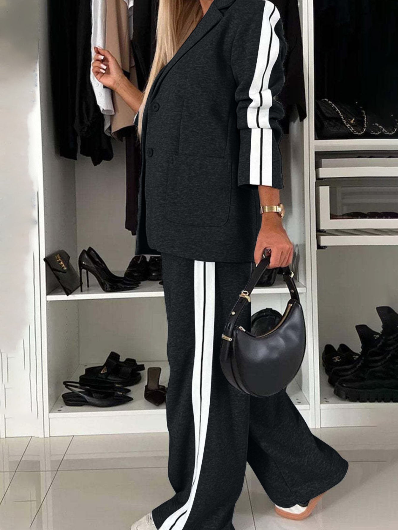 Full Size Contrast Lapel Collar Top and Pants Set