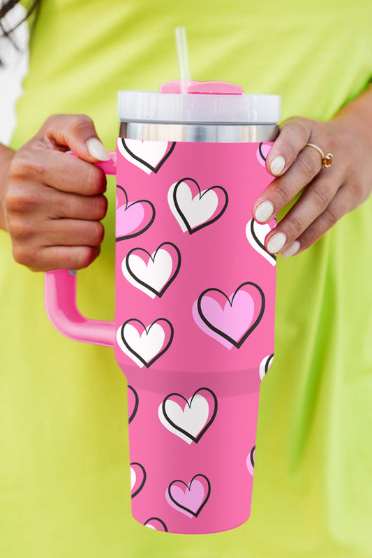 Rose Red Valentines Heart Printed Thermos Cup with Handle 40oz
