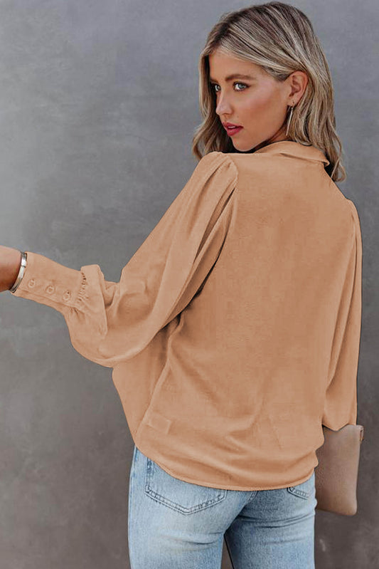 Khaki Solid Button-up Loose Long Sleeve Shirt