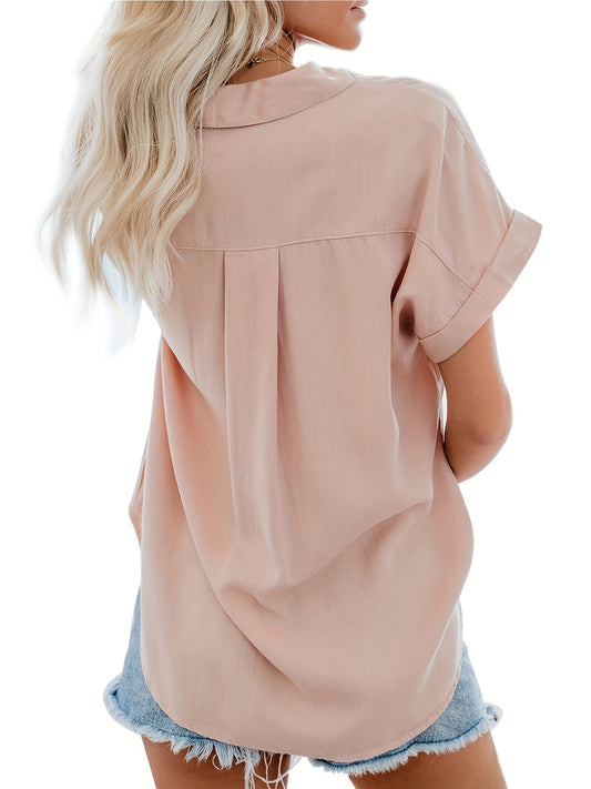 V Neck Collared Button Blouses, Casual Pocket Short Sleeve Fashion Loose Shirt