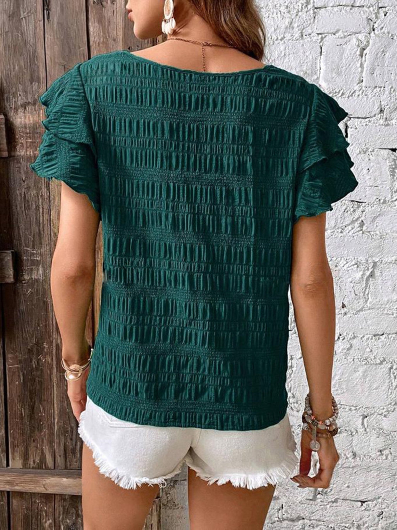 Textured Butterfly Sleeve Blouse, Elegant Solid Color Crew Neck Top