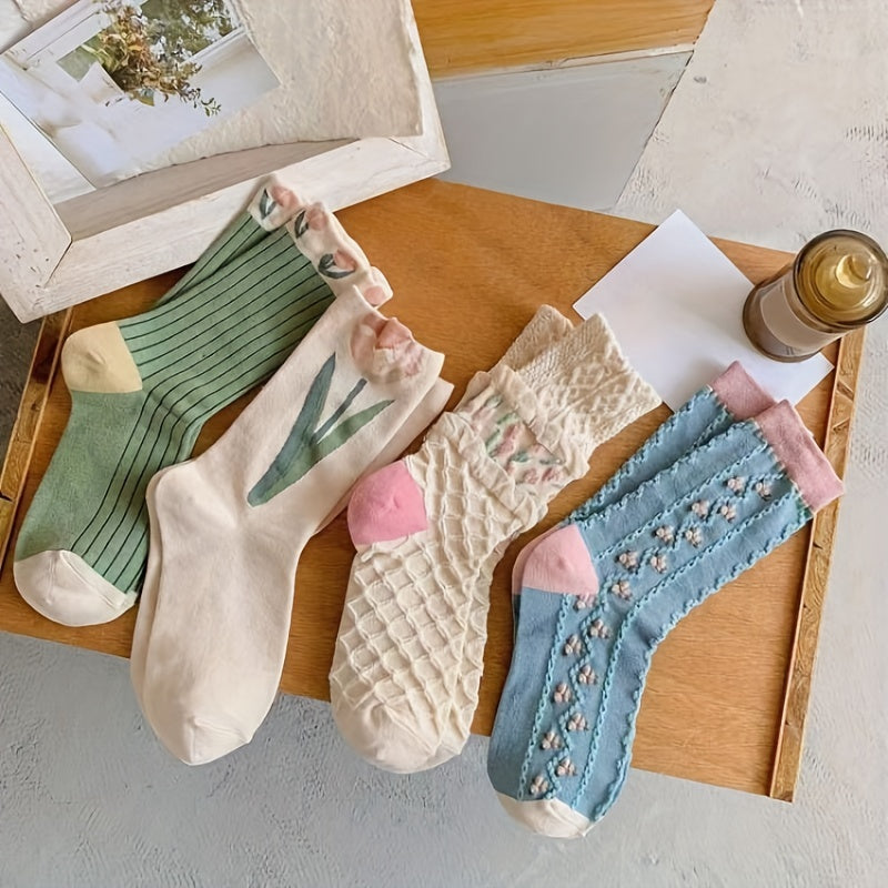 4pairs Floral Socks Set, Women Cute Flower Geometric 3D Textured Ankle Cotton Blend Cottagecore Lucky Socks