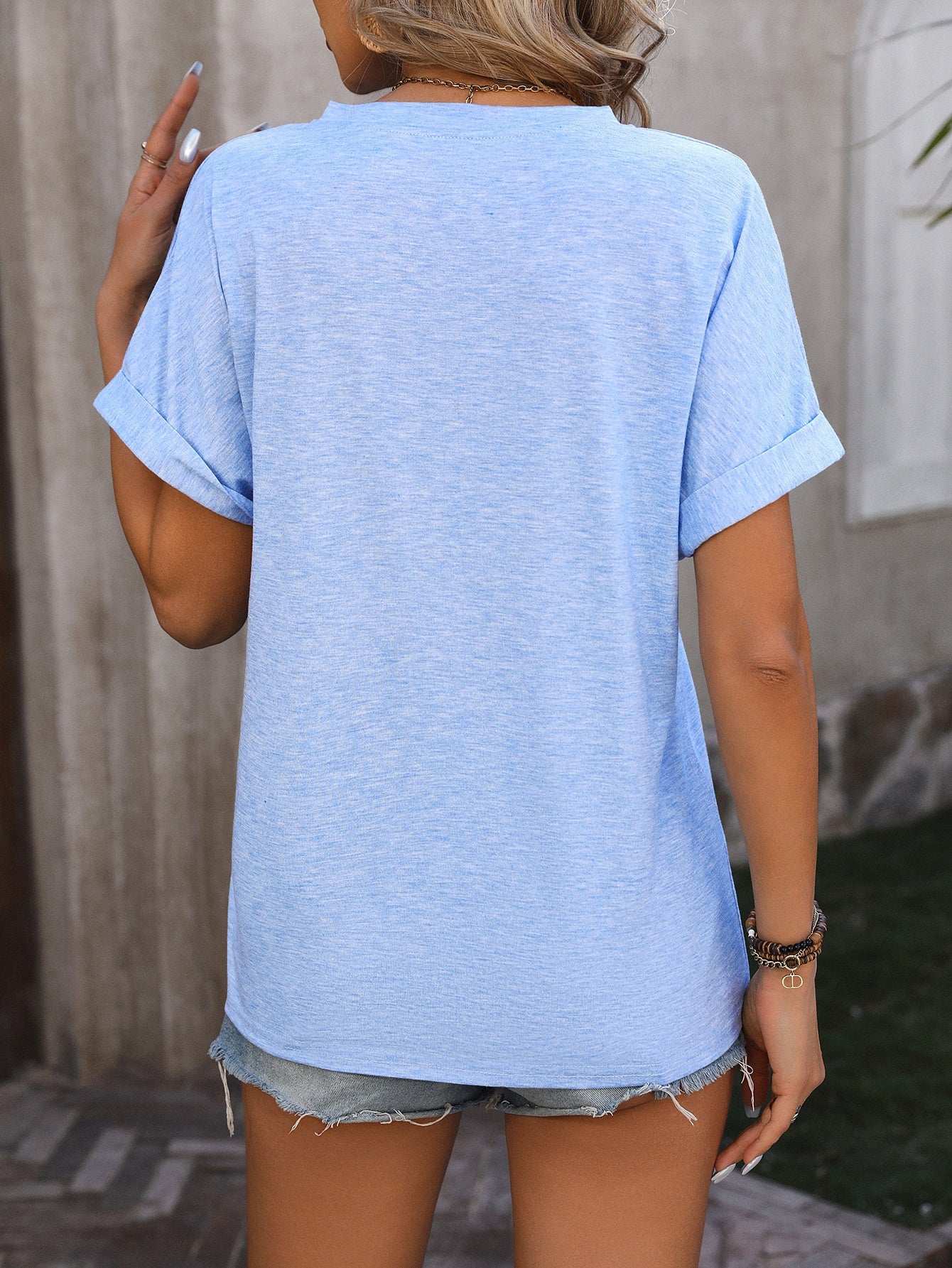 Casual V-neck Button Pure Color Loose Short-sleeved T-shirt