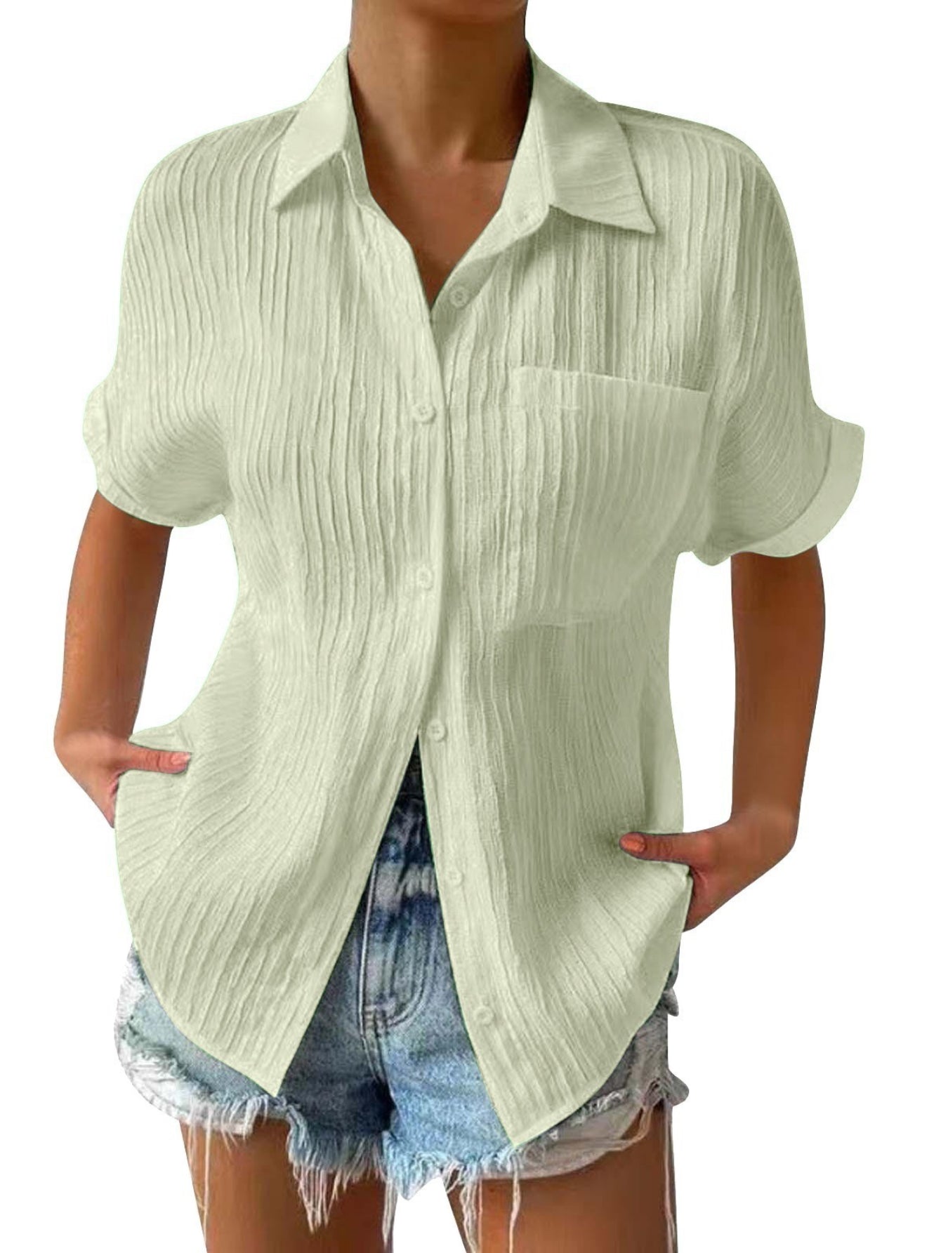 Women's Solid Button Front Casual Lapel Short Sleeve Everyday Shirt