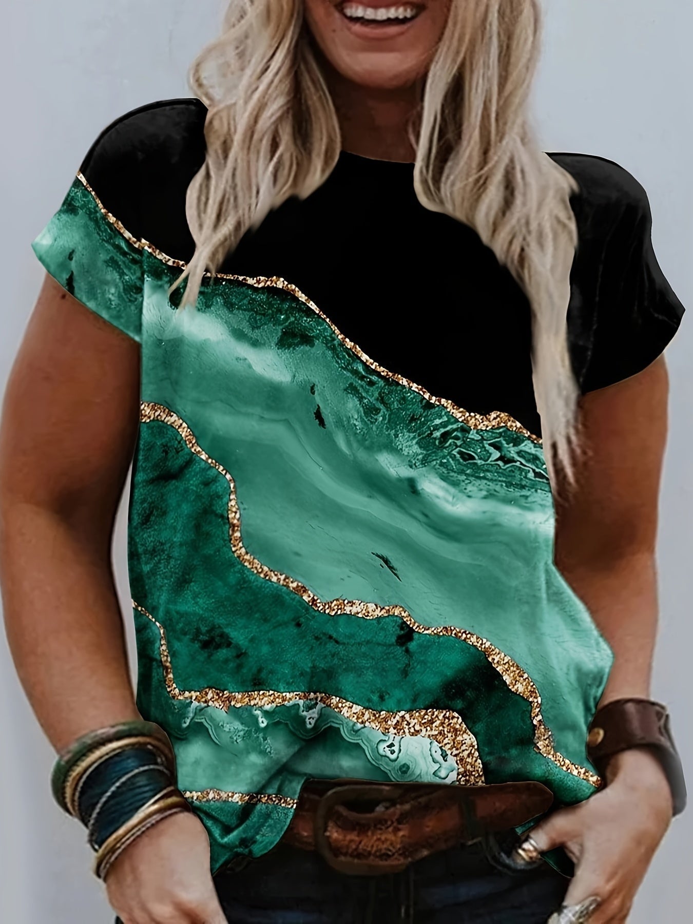 Colorblock Marble Print T-Shirt - Comfortable and Stylish Short Sleeve Tee