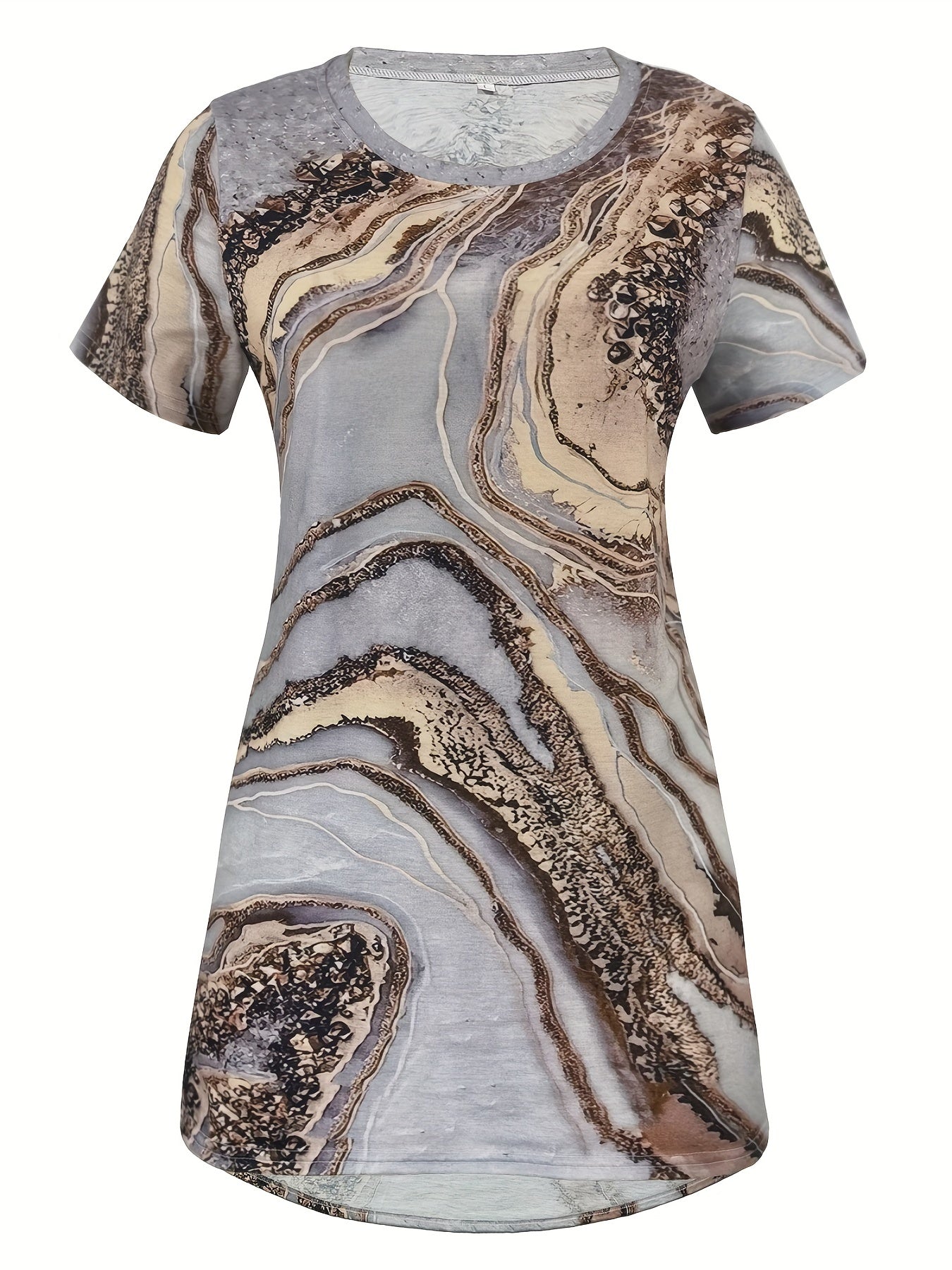 Marble Print Crew Neck T-shirt, Casual Short Sleeve Summer Mid Length T-shirt