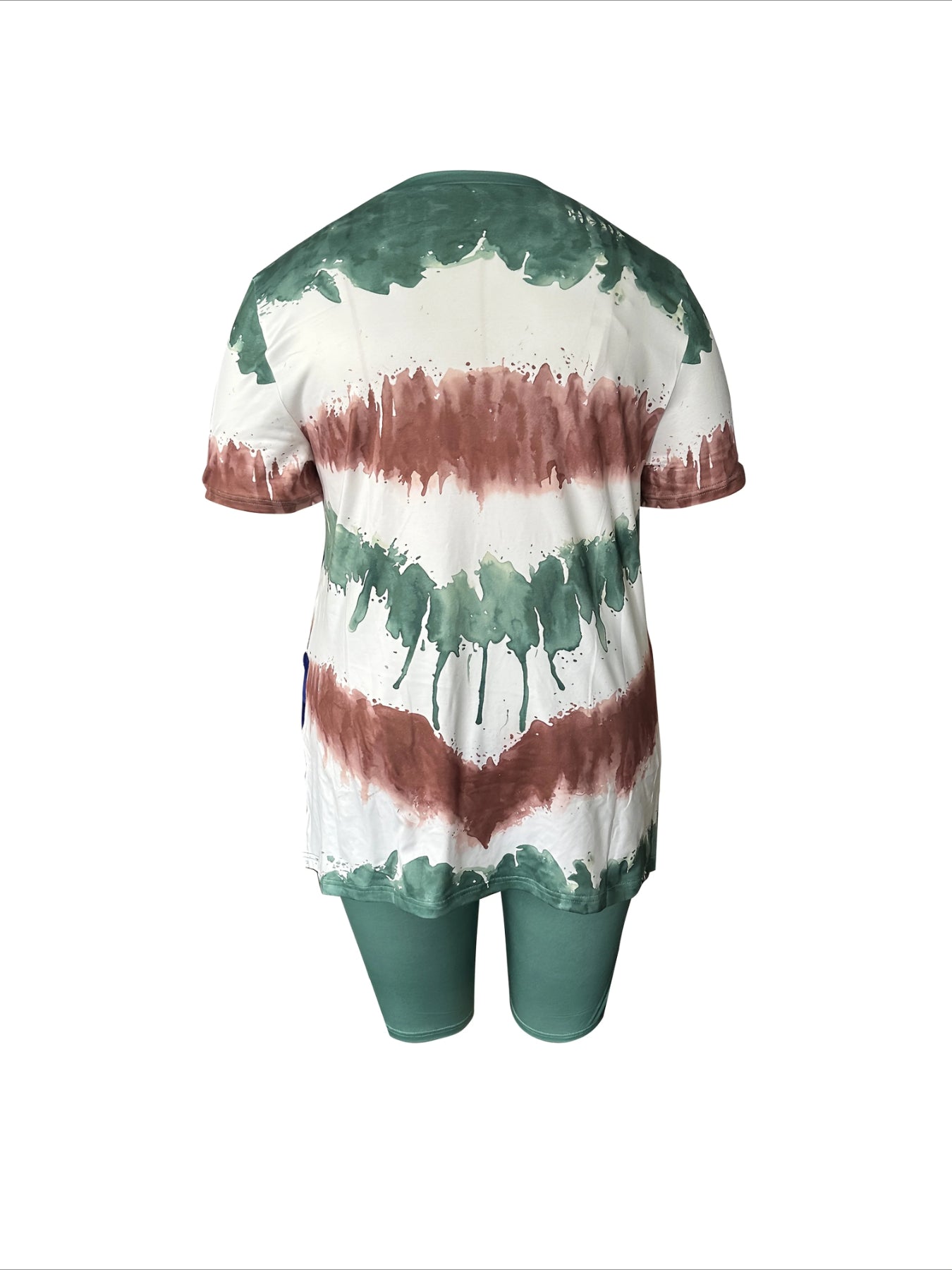 Casual Two-Piece Set Color Block Print Short Sleeve Top With Side Slit & High-Waisted Shorts