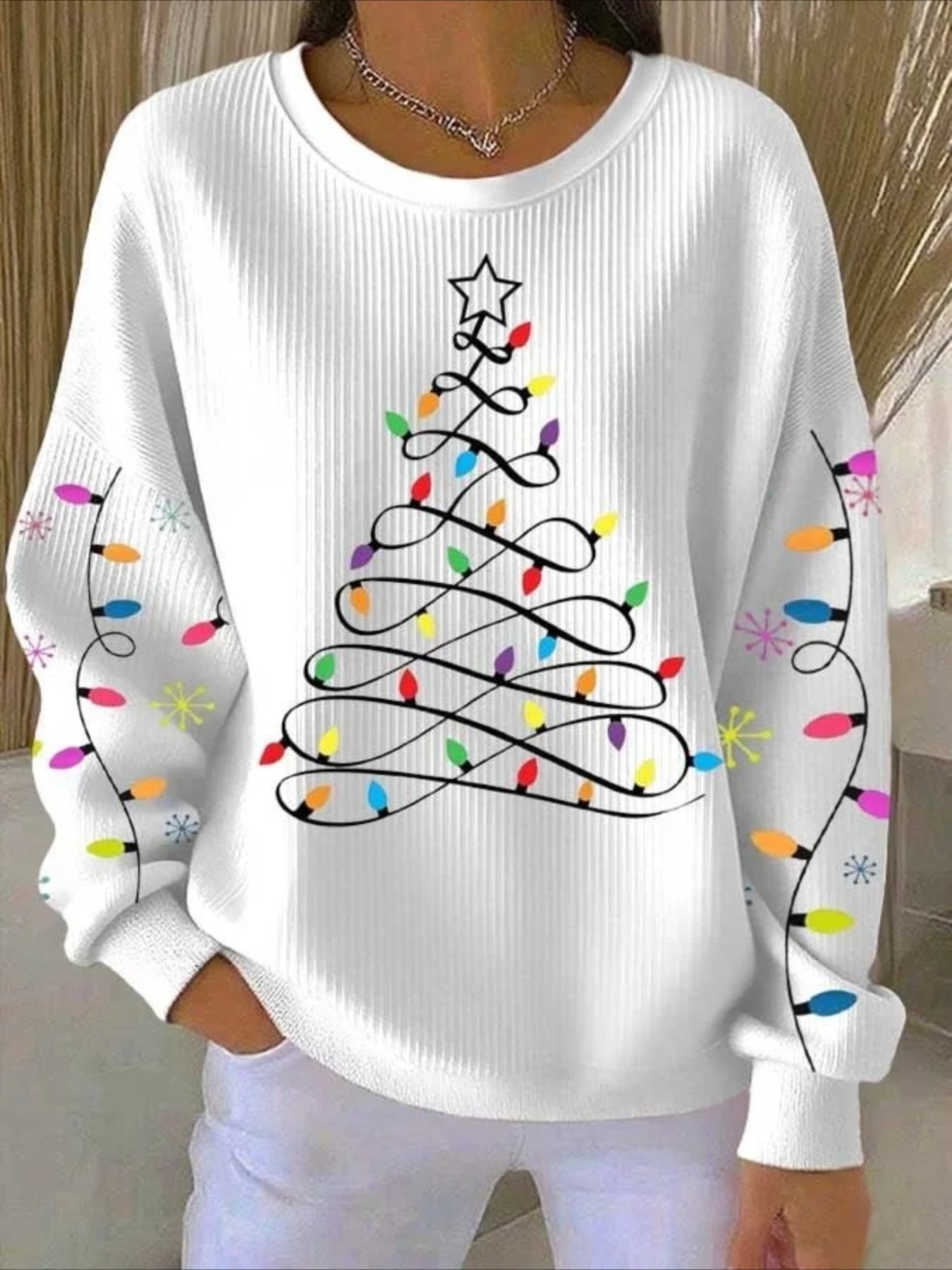 Christmas Tree Printed Crew Neck Floral Long Sleeve Sweater Hoodie