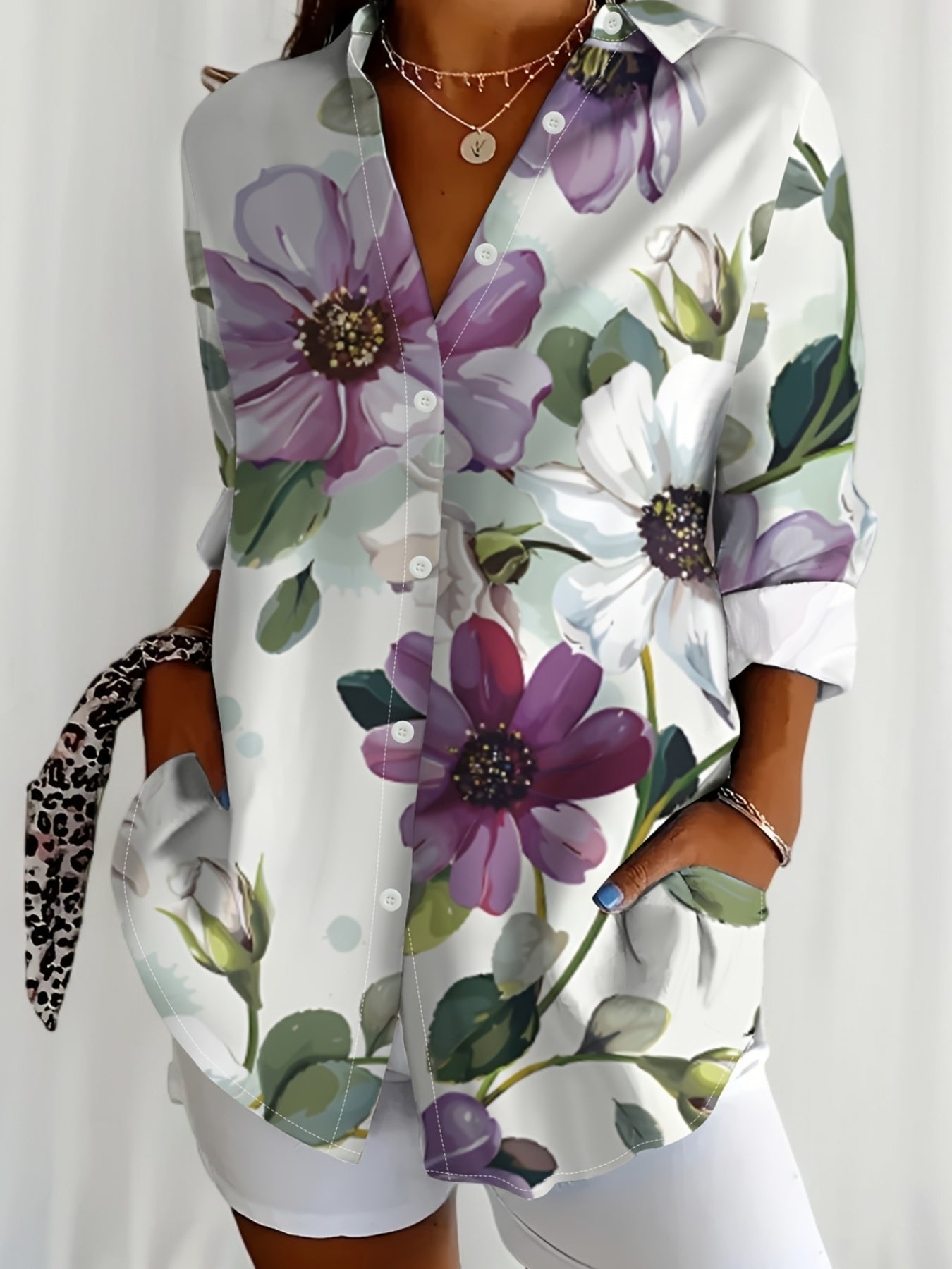 Elegant Floral Print Casual Lapel Collar Long Sleeve Button Top