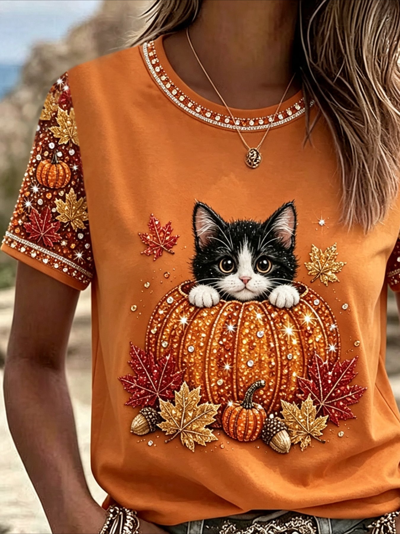 100% Cotton Casual Orange Maple Leaf Printing Crew Neck Short Sleeve T-shirt