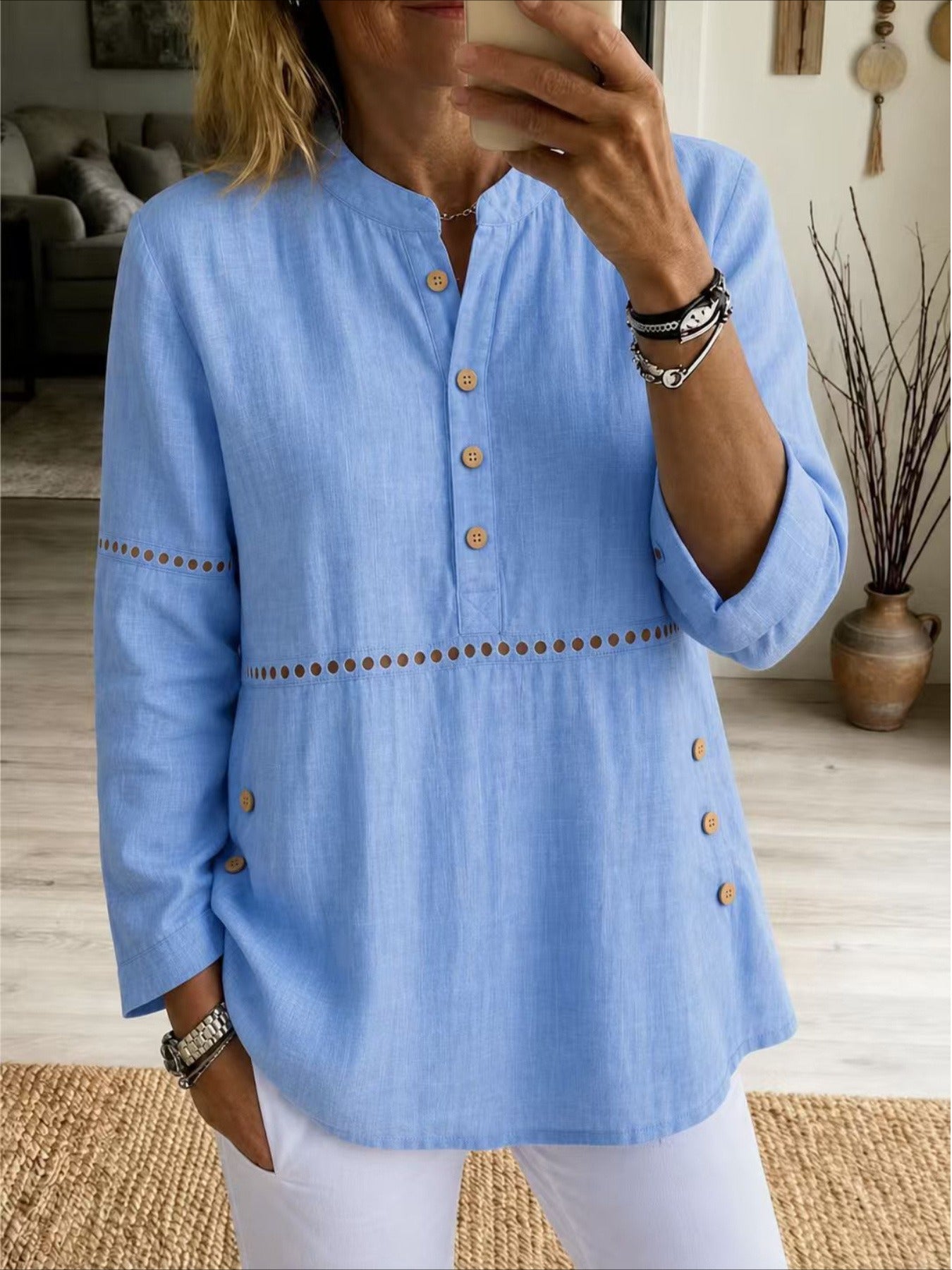 Solid Color Stand Collar Long Sleeve Half-Placket Side Button Cutout Detail Loose Fit Top