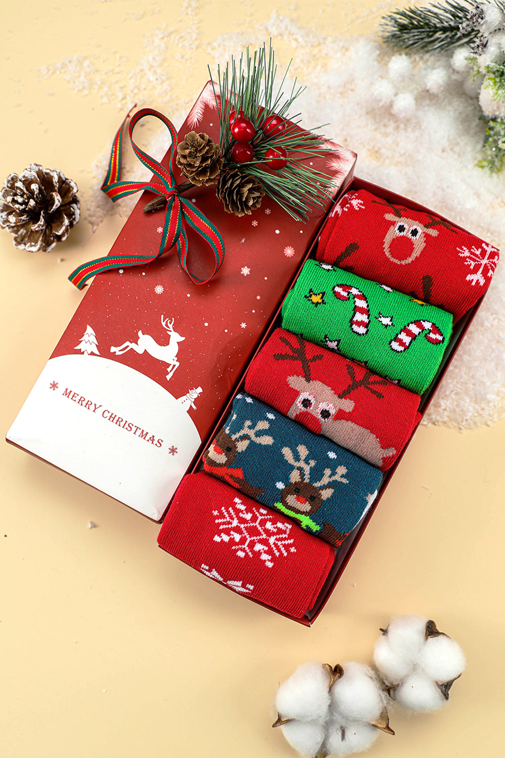 Dear Lover Fiery Red 5 Pairs/Set Christmas Cartoon Elk Soft Socks Set with Box