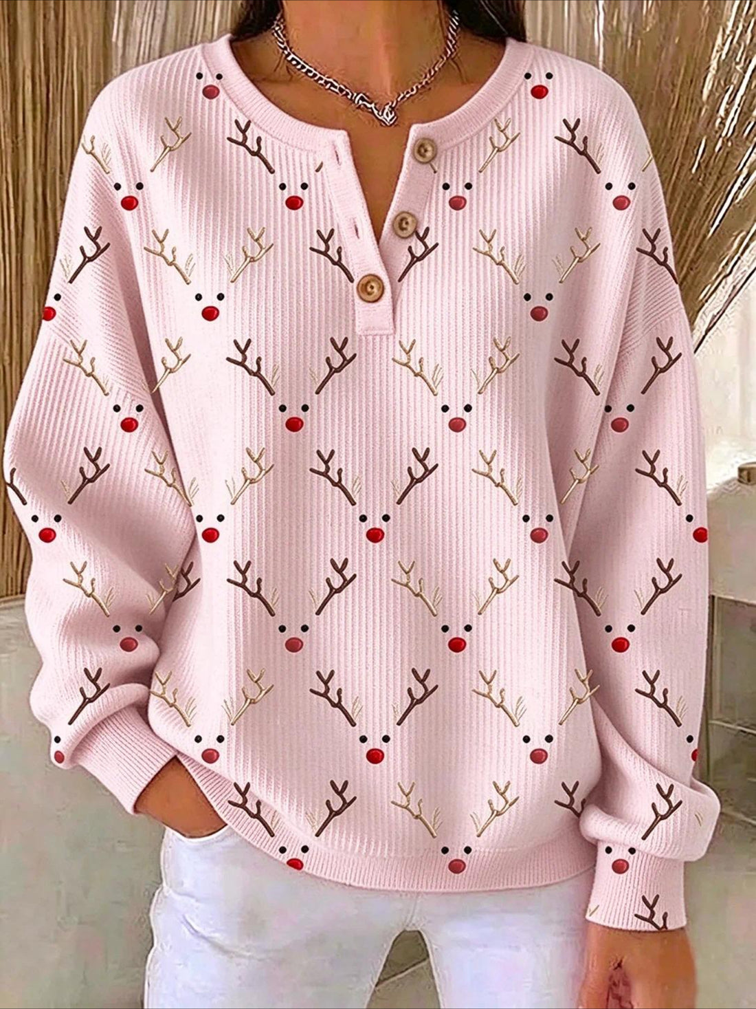 Christmas Vintage Buckle Henley Collar Sweatshirt