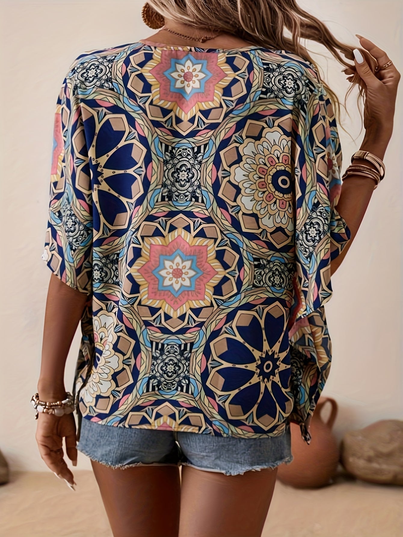 Floral Print V Neck Blouse, Elegant Short Sleeve Top