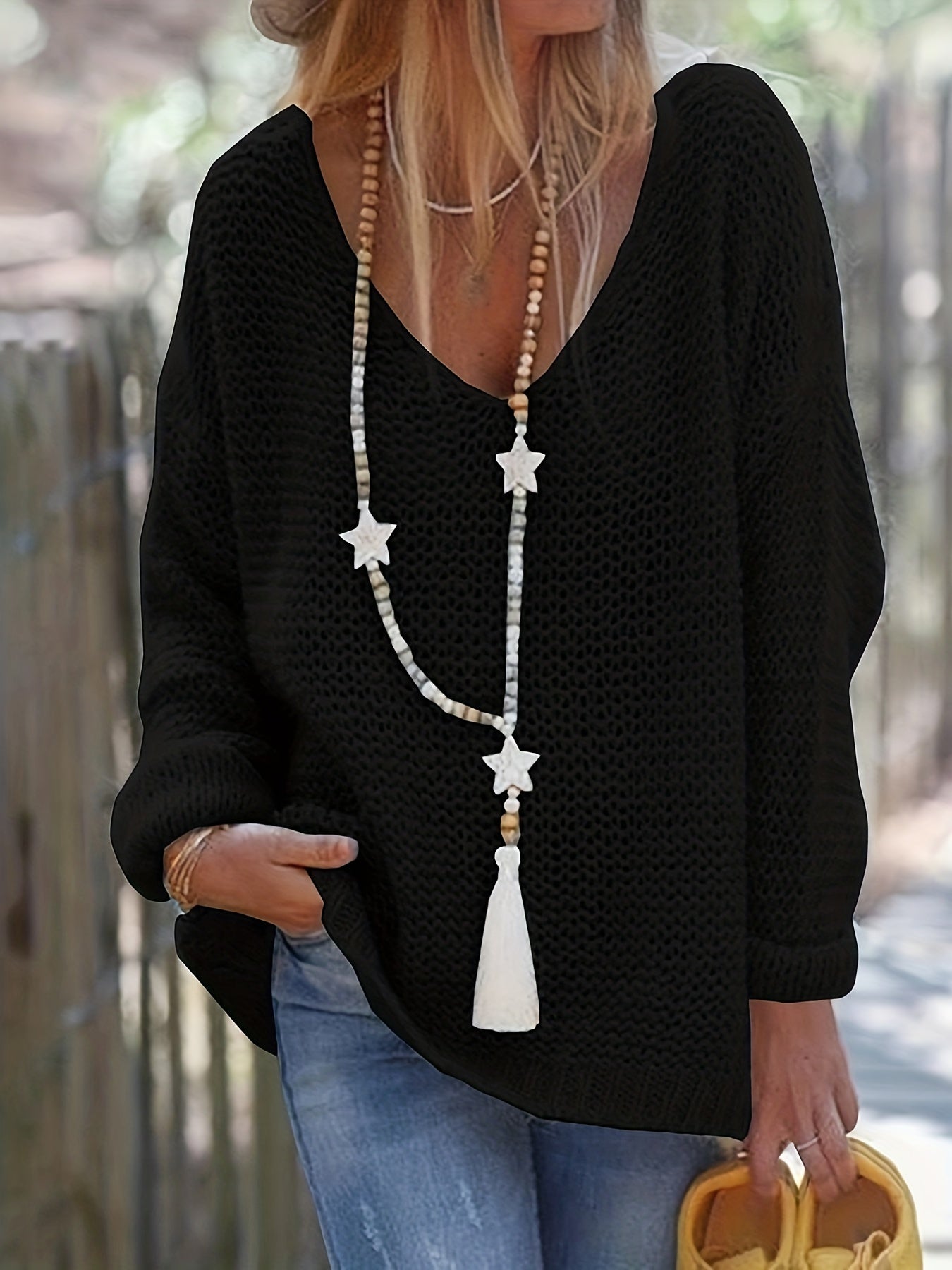 Solid V Neck Knitted Pullover Sweater, Casual Long Sleeve Sweater