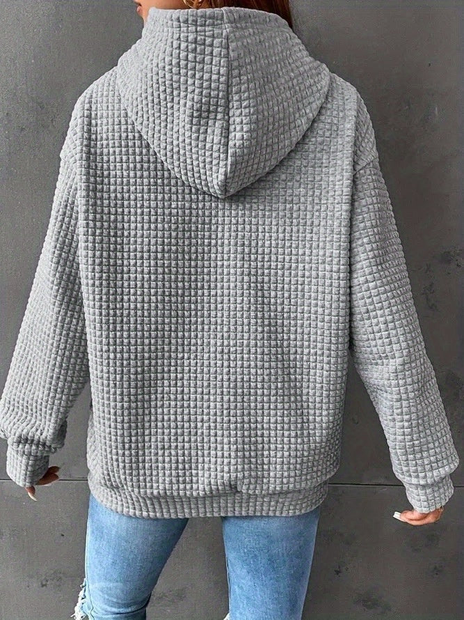 Waffle Grid Kangaroo Pocket Hoodie, Casual Long Sleeve Drawstring Hoodies Sweatshirt