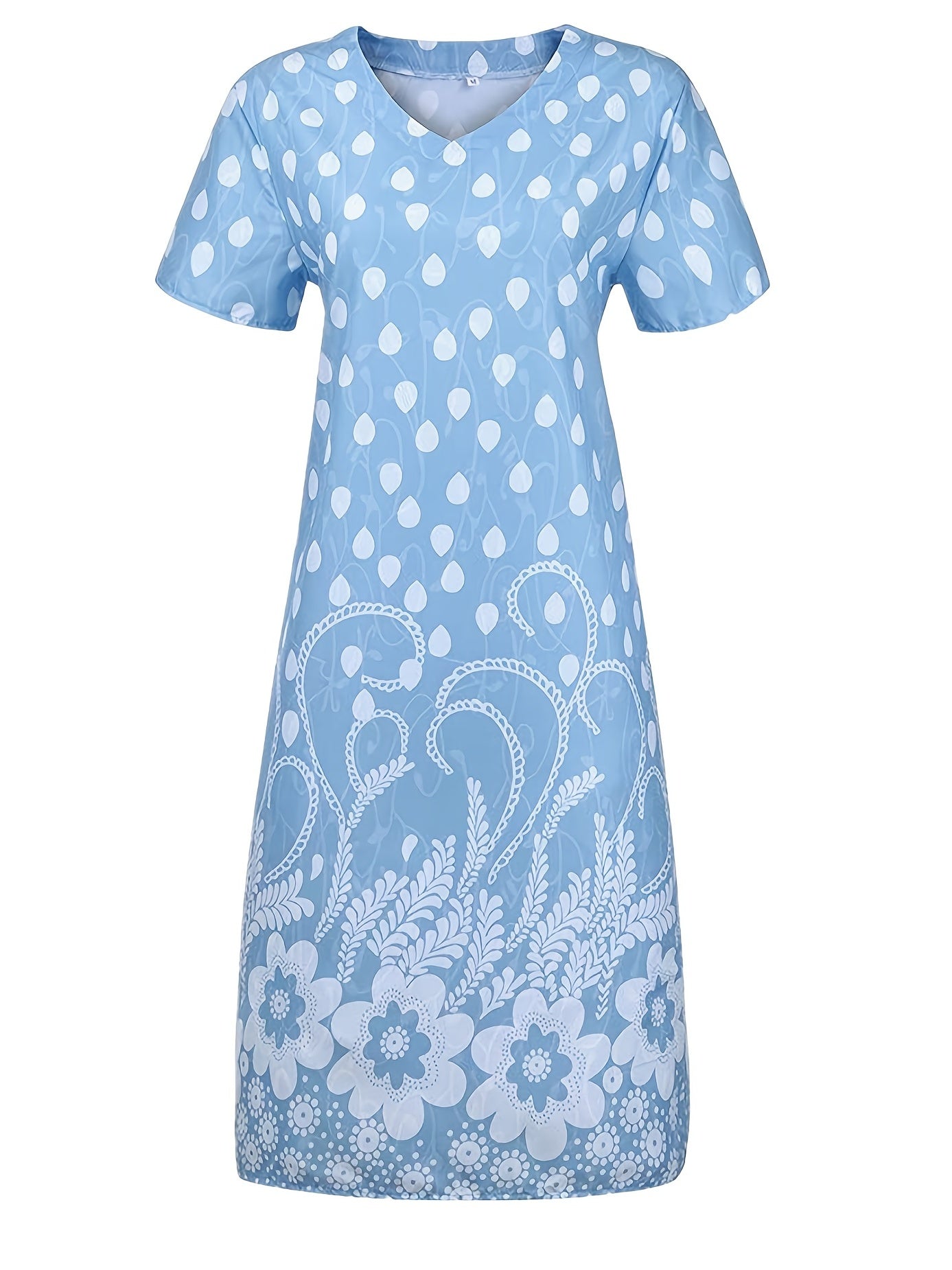 Retro Print Loose Long Dress, Short Sleeve V-neck Waist Summer Dresses