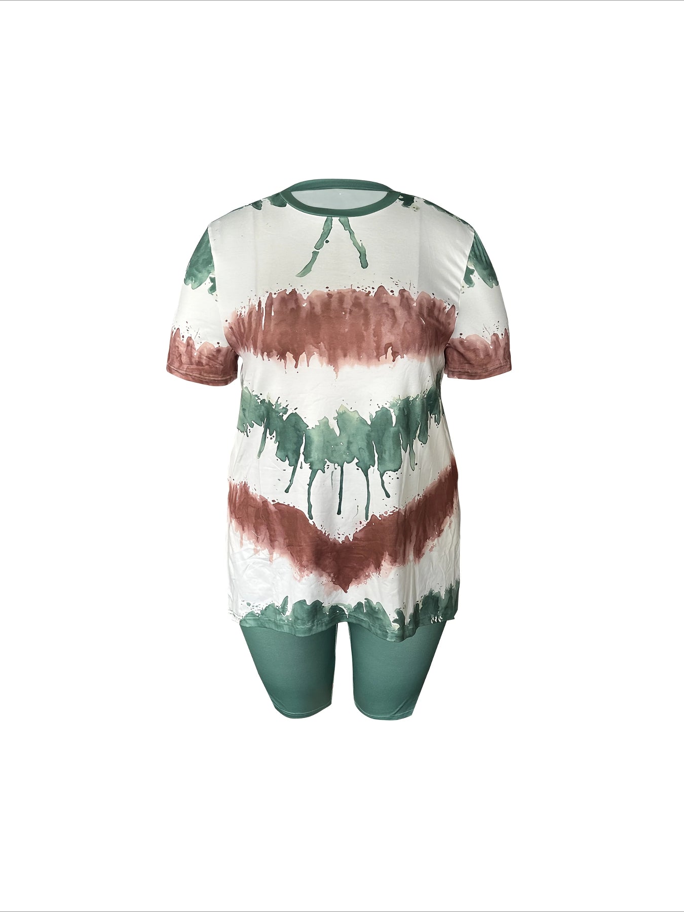 Casual Two-Piece Set Color Block Print Short Sleeve Top With Side Slit & High-Waisted Shorts